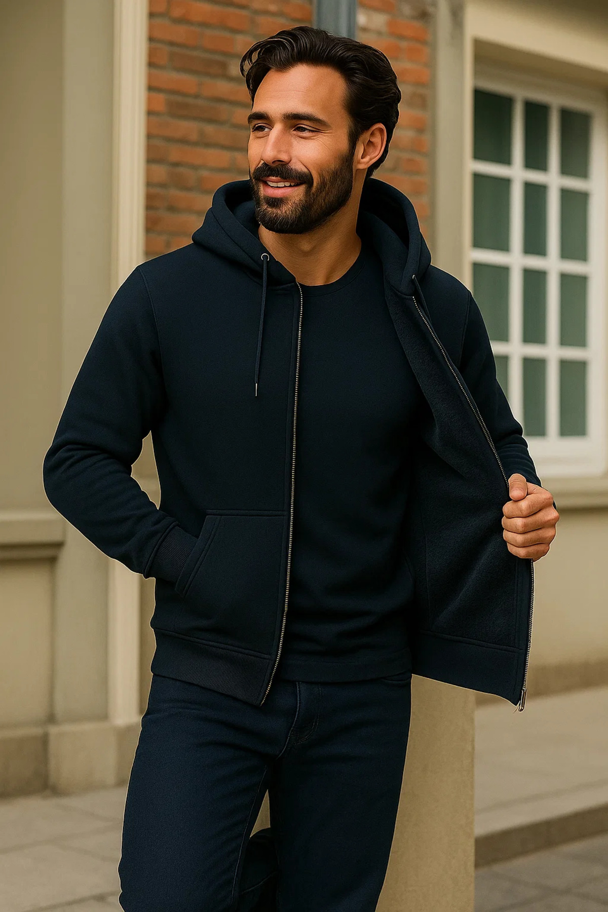 Erkek Kışlık Koyu Oversize Uzun Hırka Sweatshirt 4