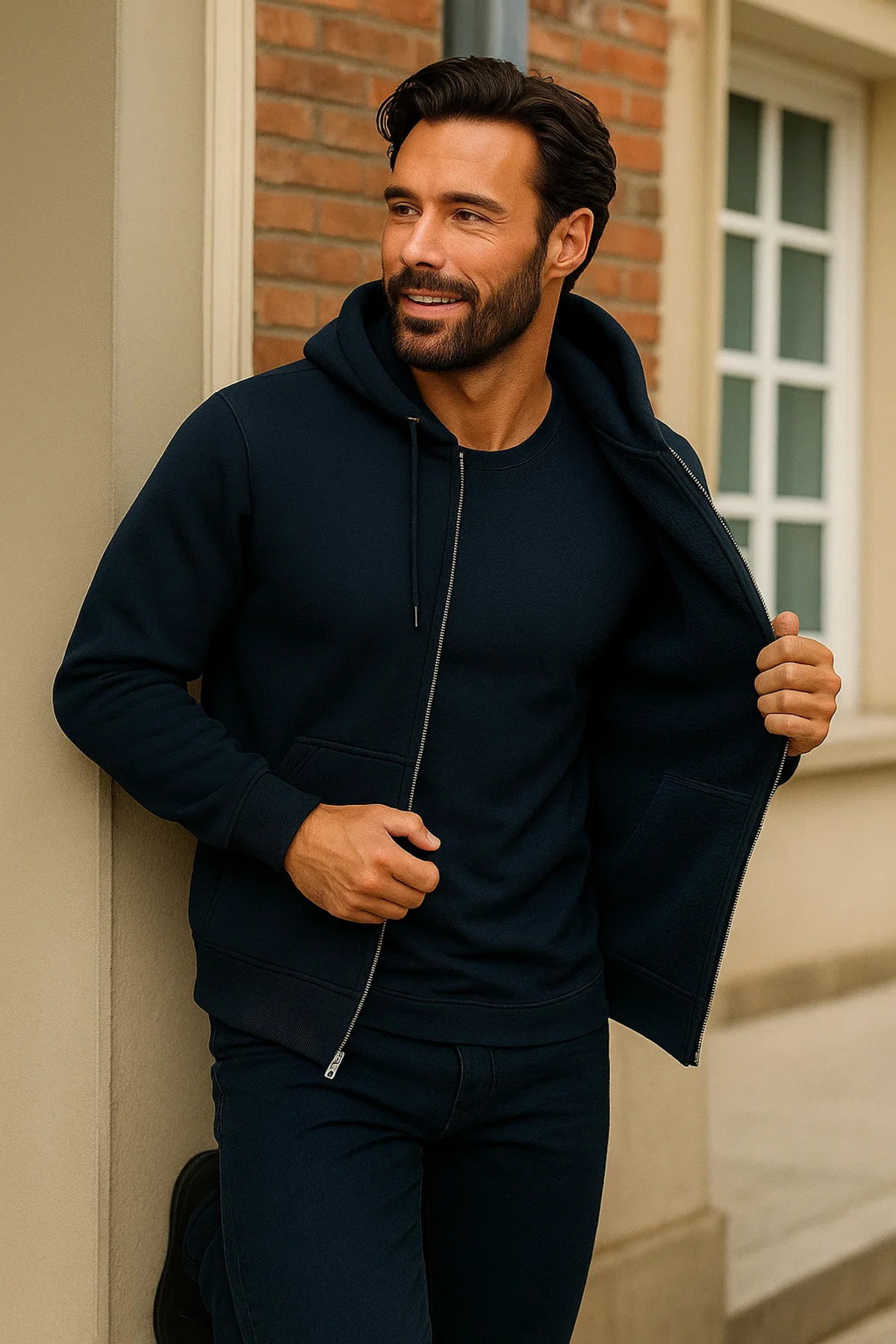 Erkek Kışlık Koyu Oversize Uzun Hırka Sweatshirt 3