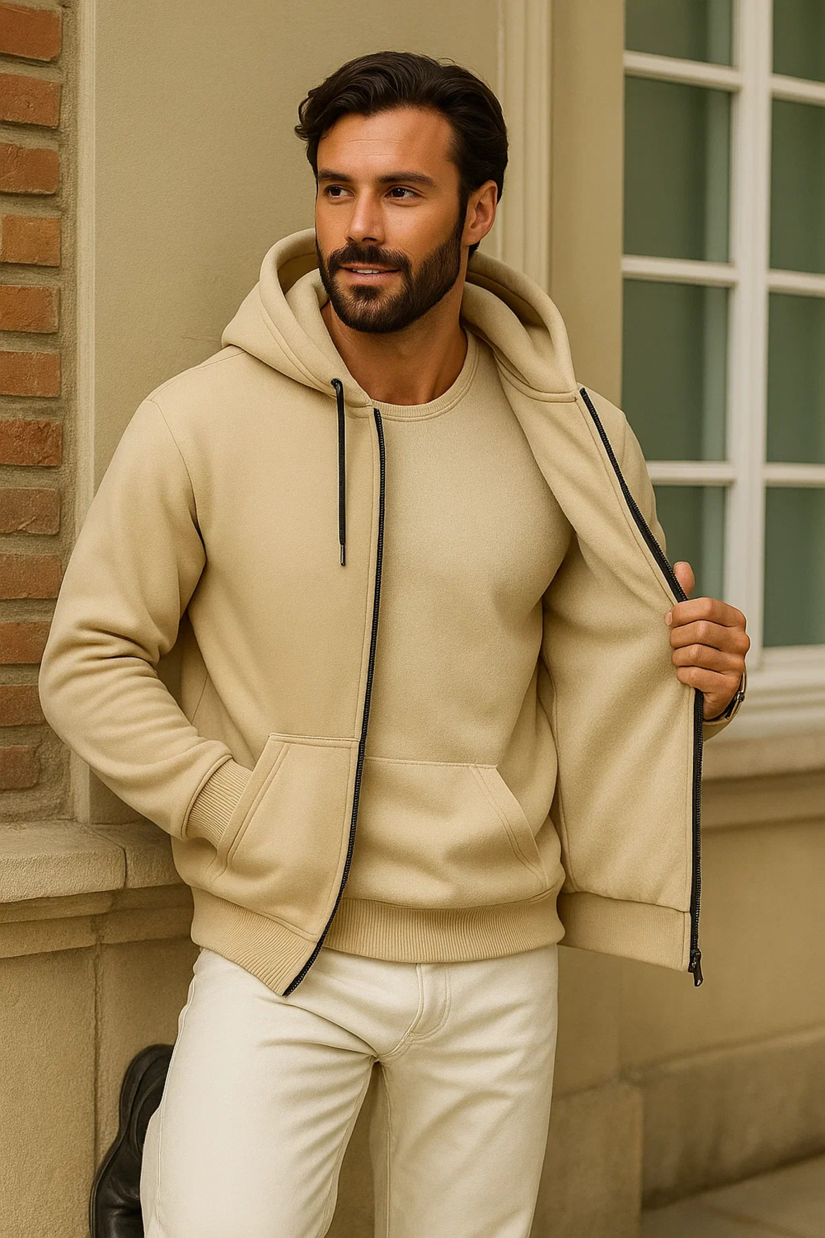 Erkek Kışlık Krem Oversize Uzun Hırka Sweatshirt 4