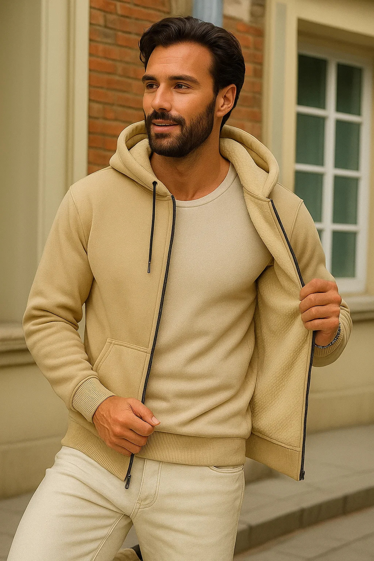 Erkek Kışlık Krem Oversize Uzun Hırka Sweatshirt 3