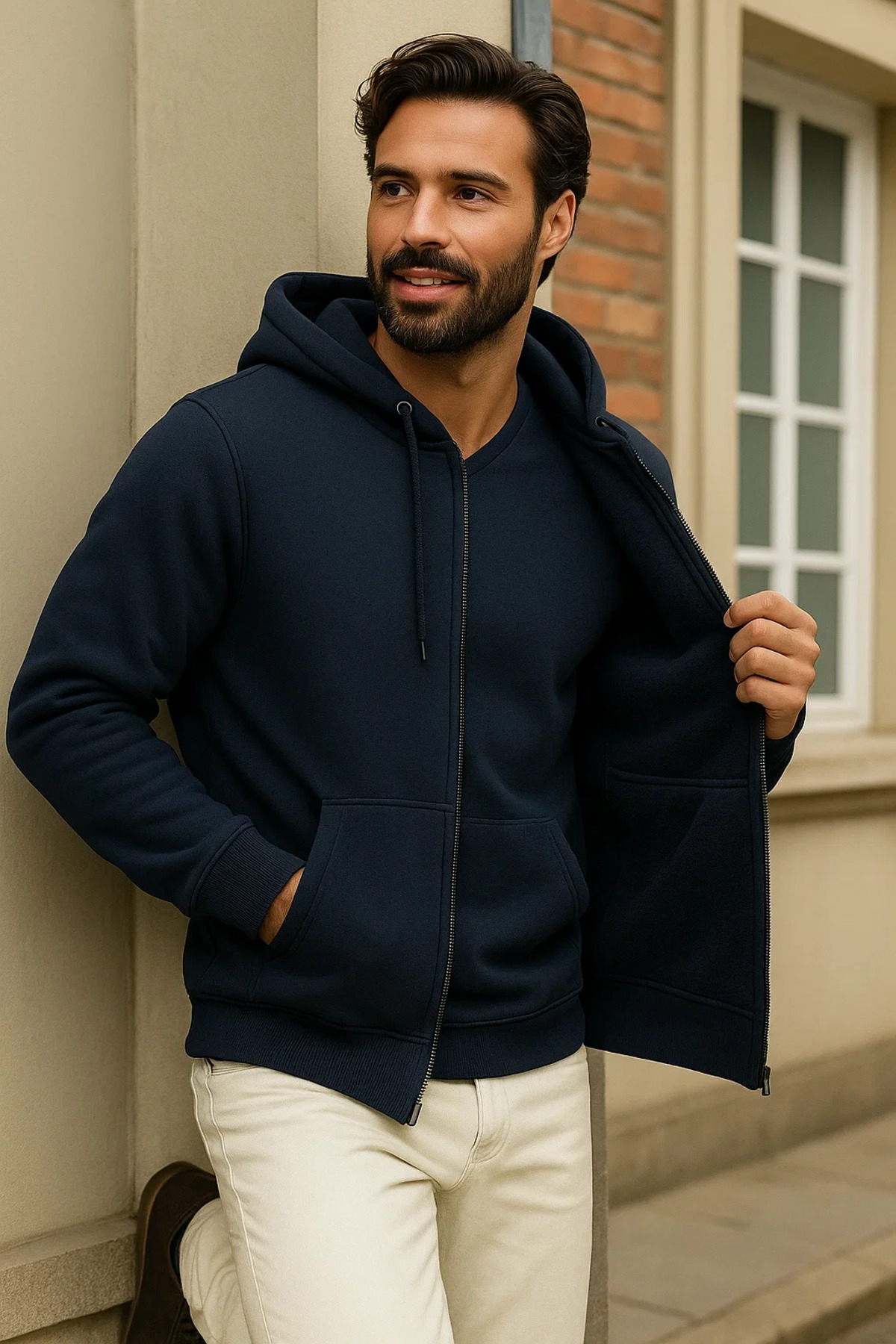Erkek Kışlık Lacivert Oversize Uzun Hırka Sweatshirt 4
