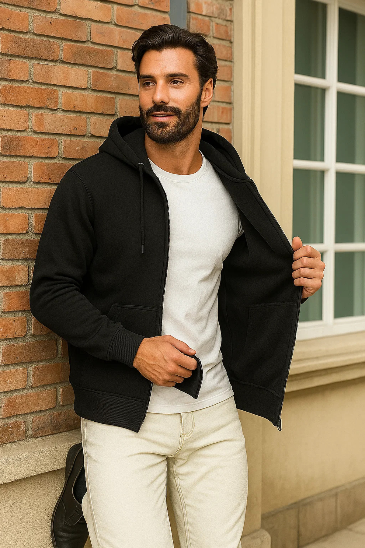 Erkek Kışlık Siyah Oversize Uzun Hırka Sweatshirt 4