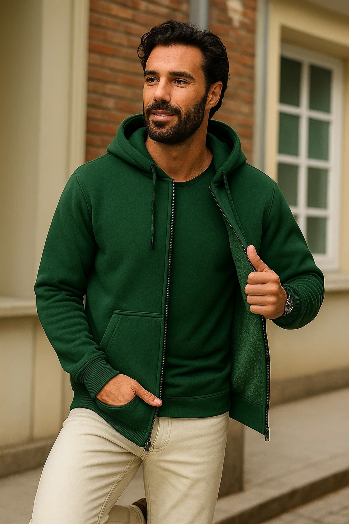 Erkek Kışlık Yeşil Oversize Uzun Hırka Sweatshirt 3