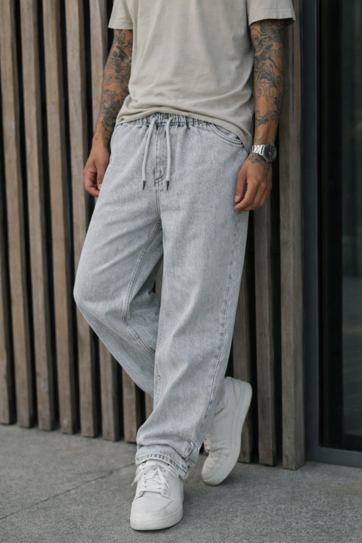 Erkek Günlük Bol Paça Gri Baggy Pantolon 4
