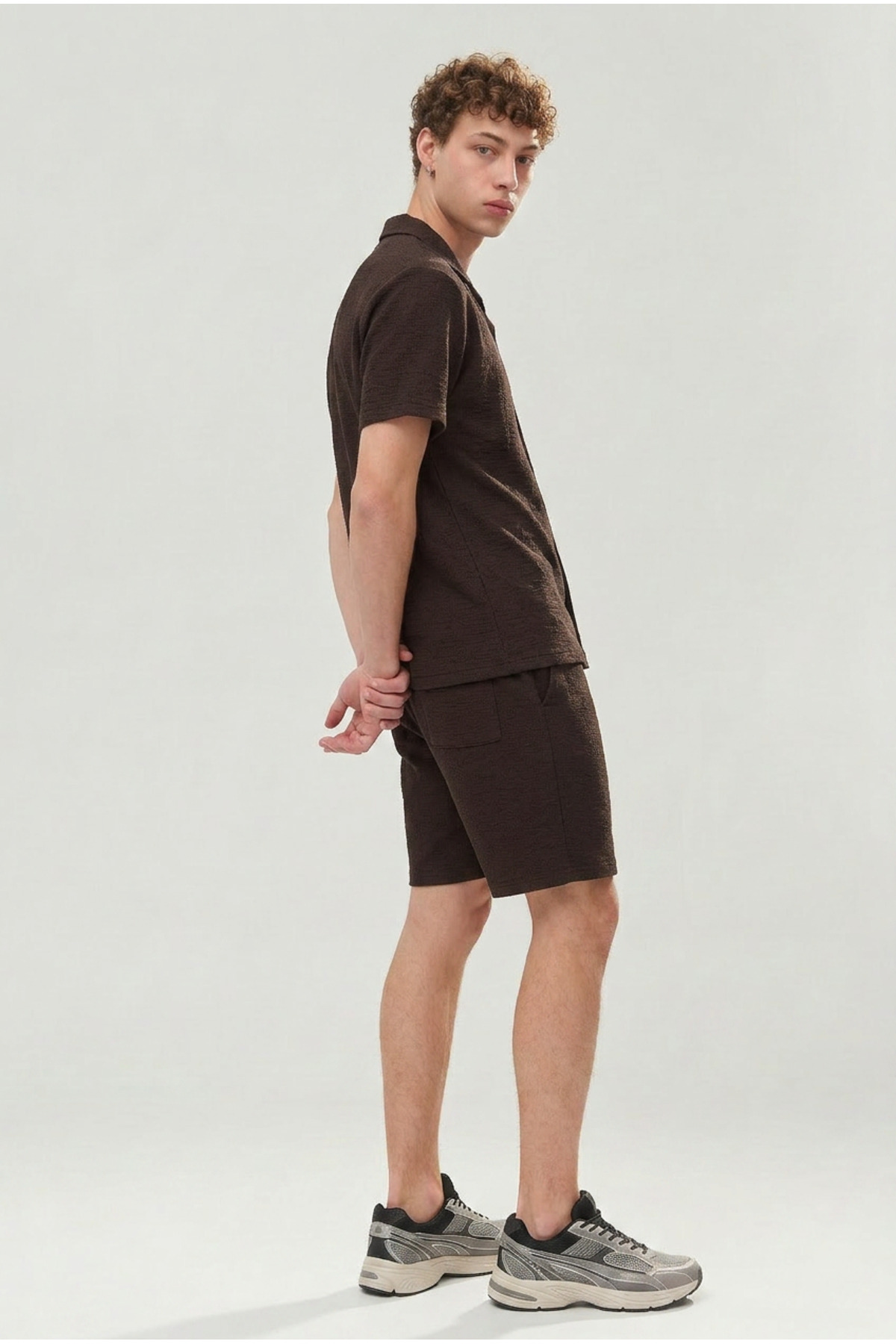 Erkek Premium Rahat Gömlek Jogger Keten Şort Kahve İkili Takım 6