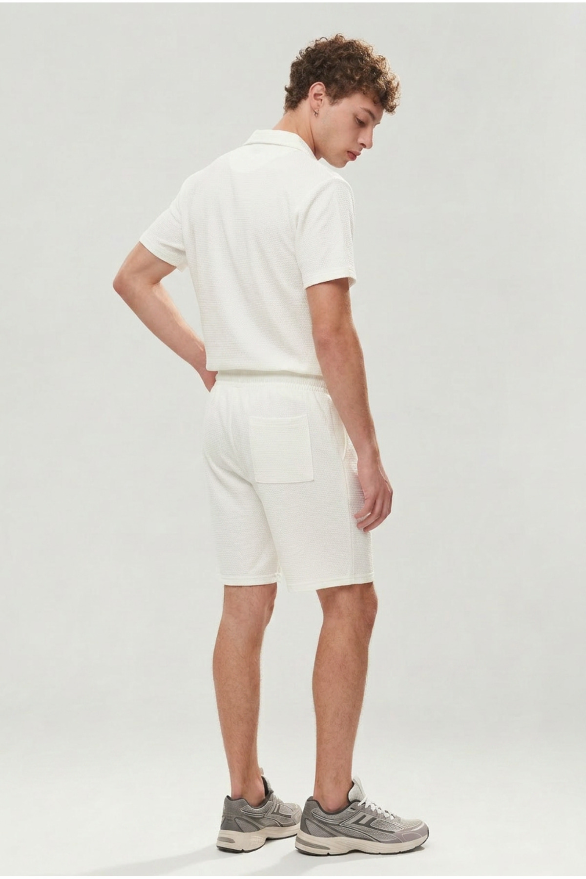 Erkek Premium Rahat Gömlek Jogger Keten Şort Beyaz İkili Takım 4