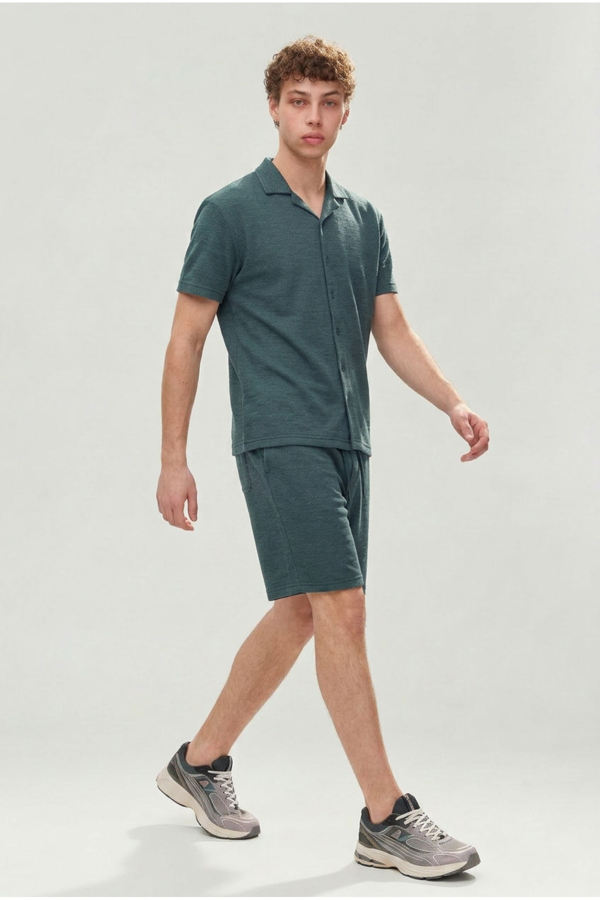 Erkek Premium Rahat Gömlek Jogger Keten Şort Kahve İkili Takım 3