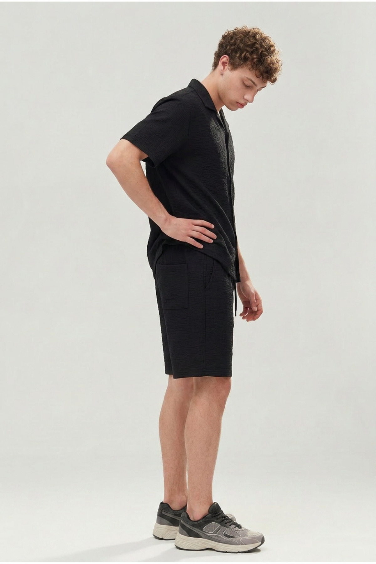 Erkek Premium Rahat Gömlek Jogger Keten Şort Kahve İkili Takım 4