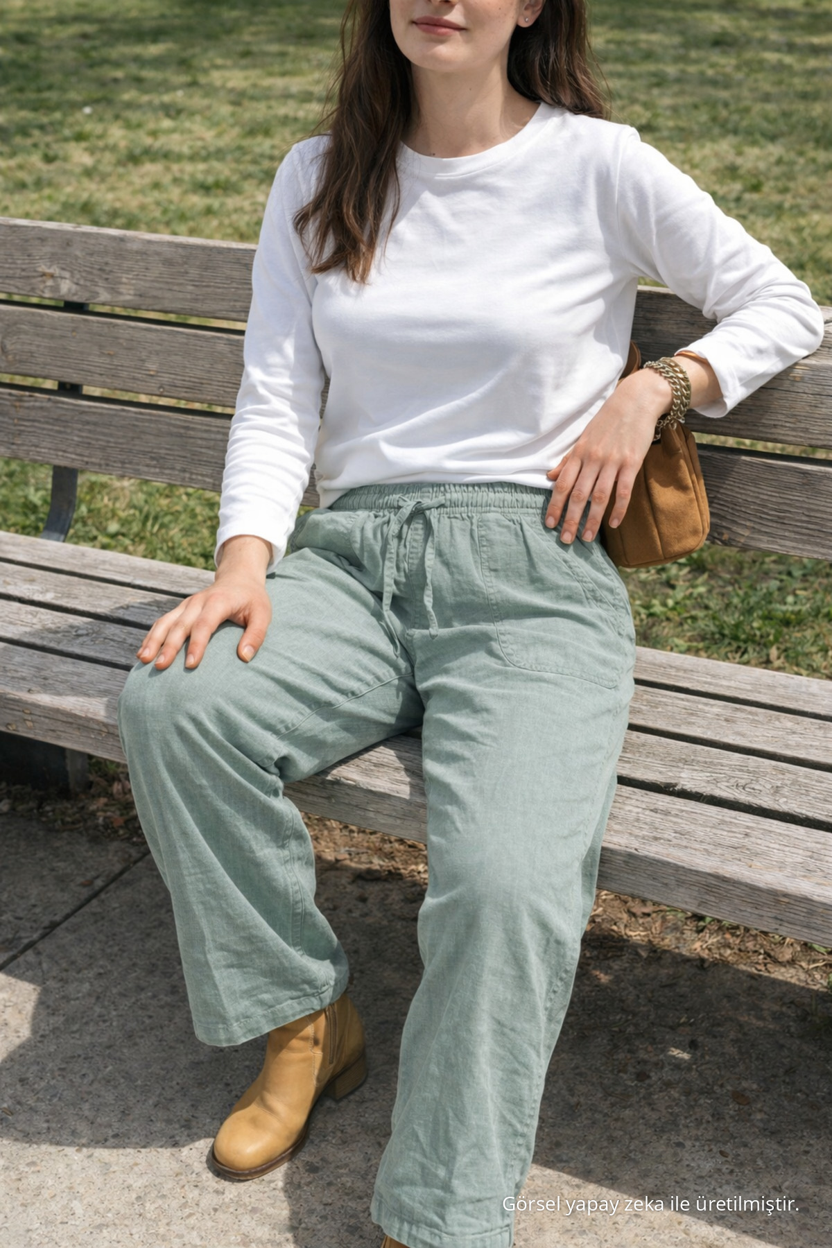 Kadın Relax Fit Yazlık Salaş S.Yeşili Keten Pantolon Su 5
