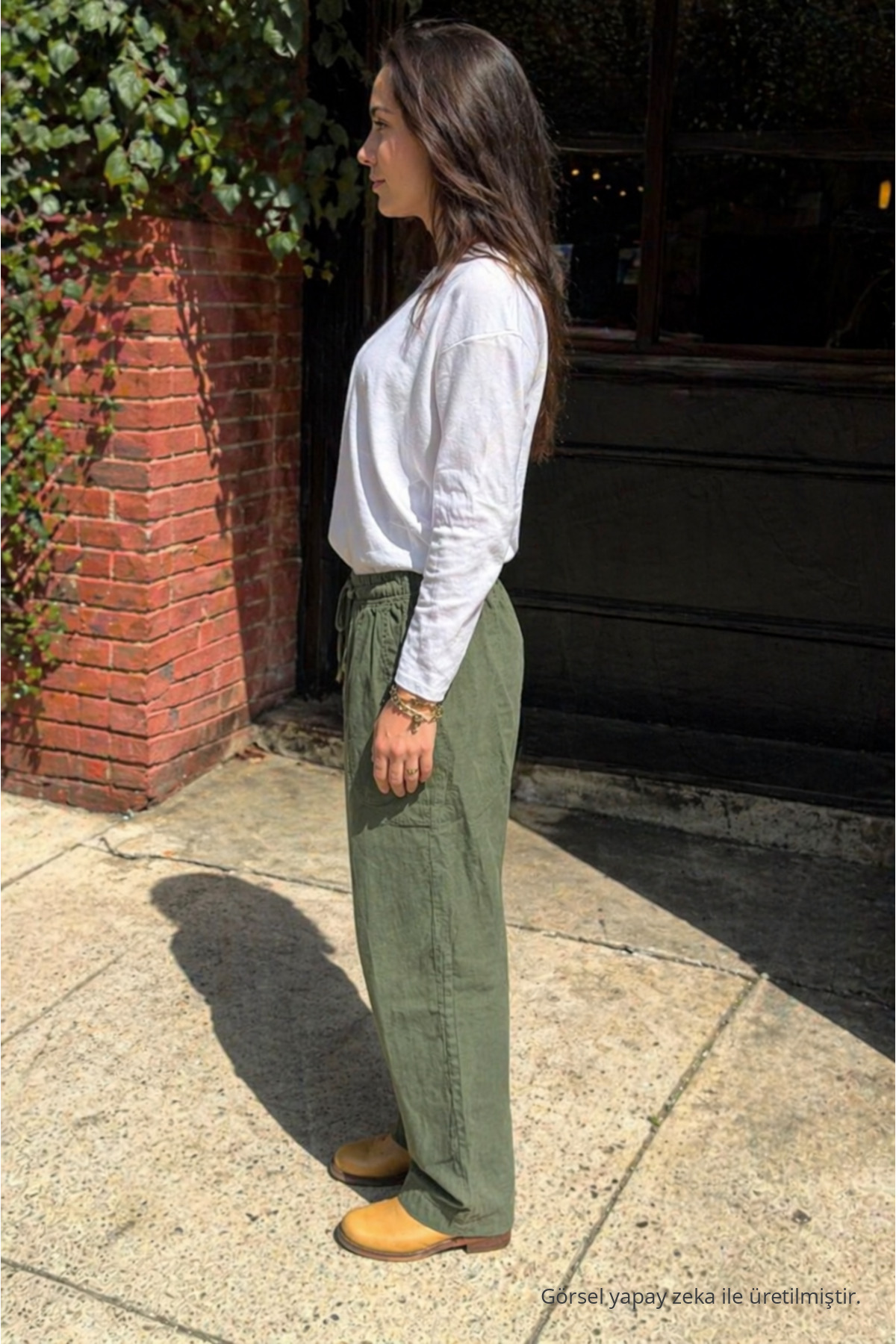 Kadın Relax Fit Yazlık Salaş Yeşil Keten Pantolon 4