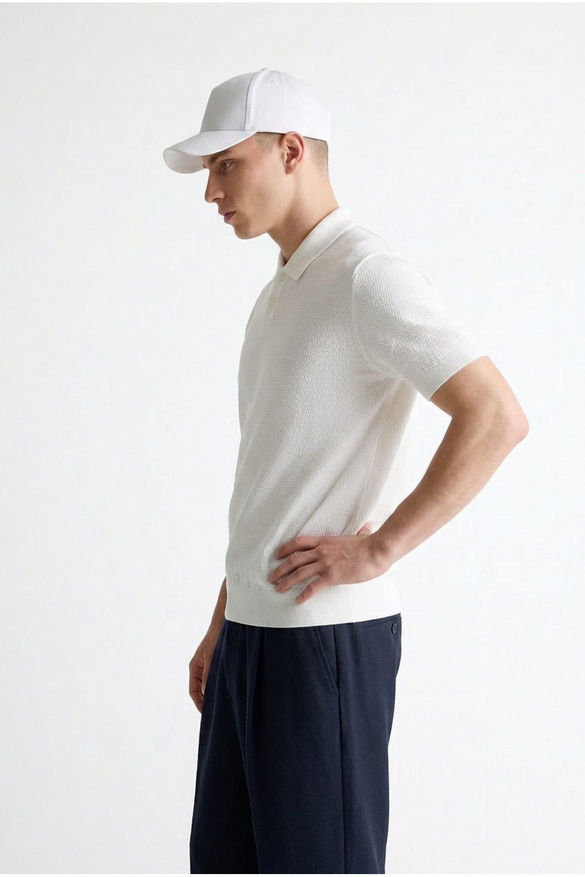 Erkek Premium Comfort Dokulu Beyaz Polo Yaka T Shirt 5