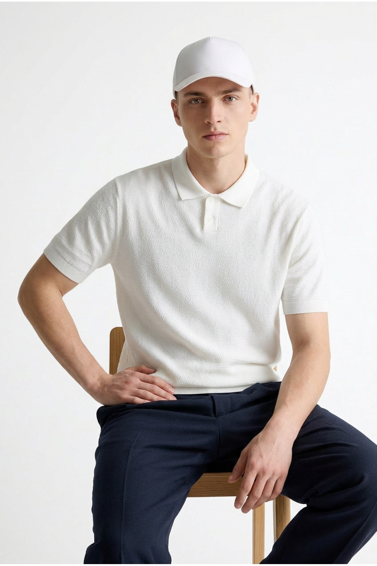Erkek Premium Comfort Dokulu Beyaz Polo Yaka T Shirt 4