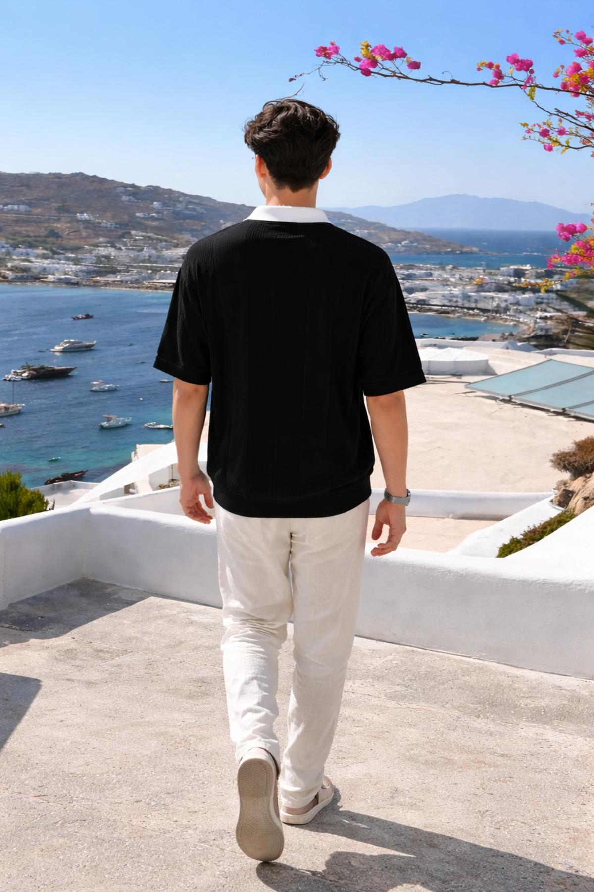 Erkek Comfort Fit Çizgili Triko Siyah Polo Yaka Tişört 5