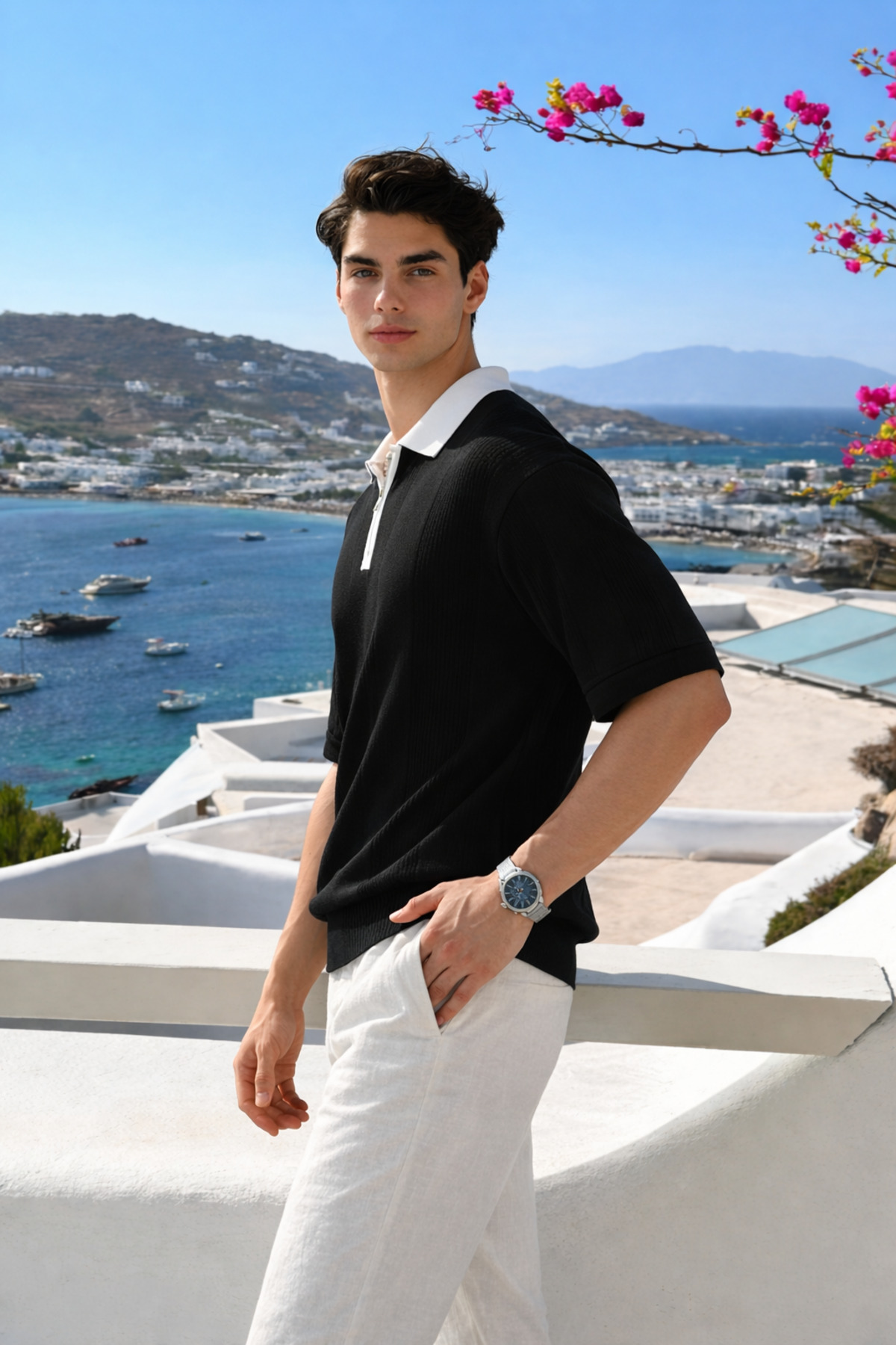 Erkek Comfort Fit Çizgili Triko Siyah Polo Yaka Tişört 3
