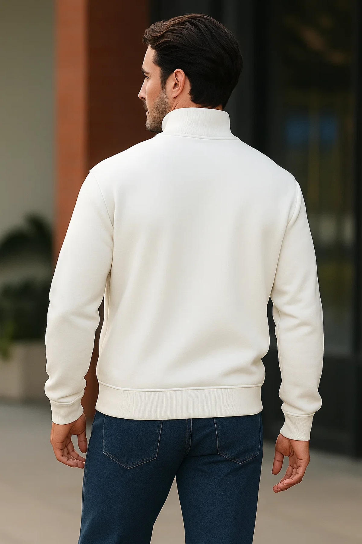 Erkek Trend Premium Beyaz Fermuarlı Sweatshirt 5