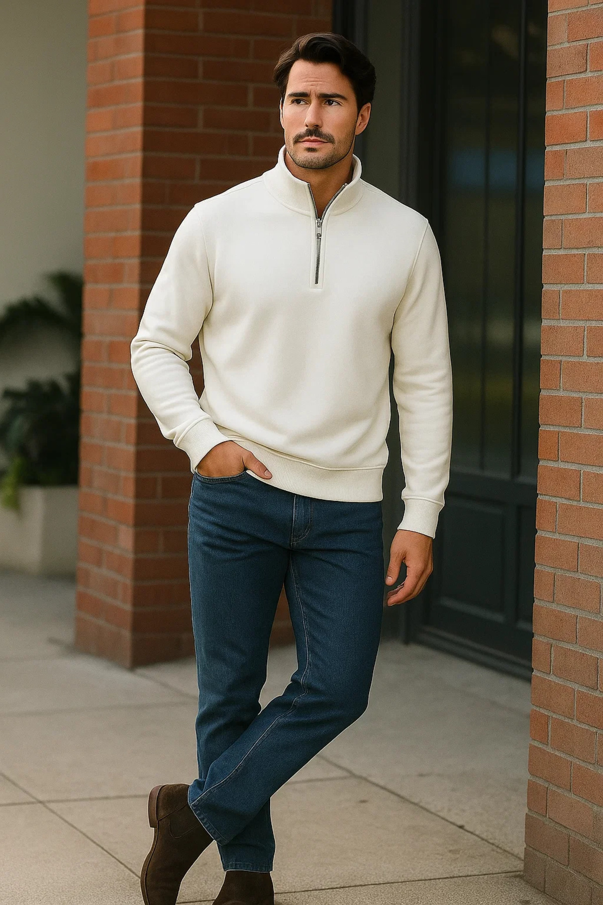 Erkek Trend Premium Beyaz Fermuarlı Sweatshirt 4