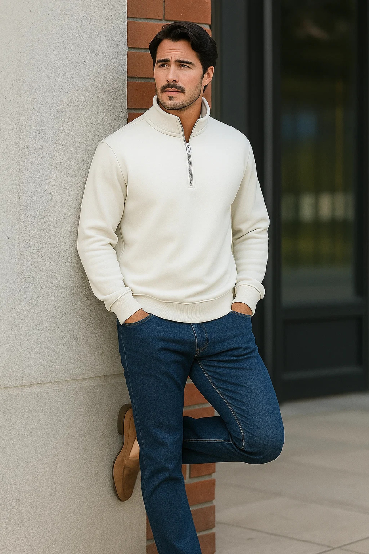 Erkek Trend Premium Beyaz Fermuarlı Sweatshirt 3