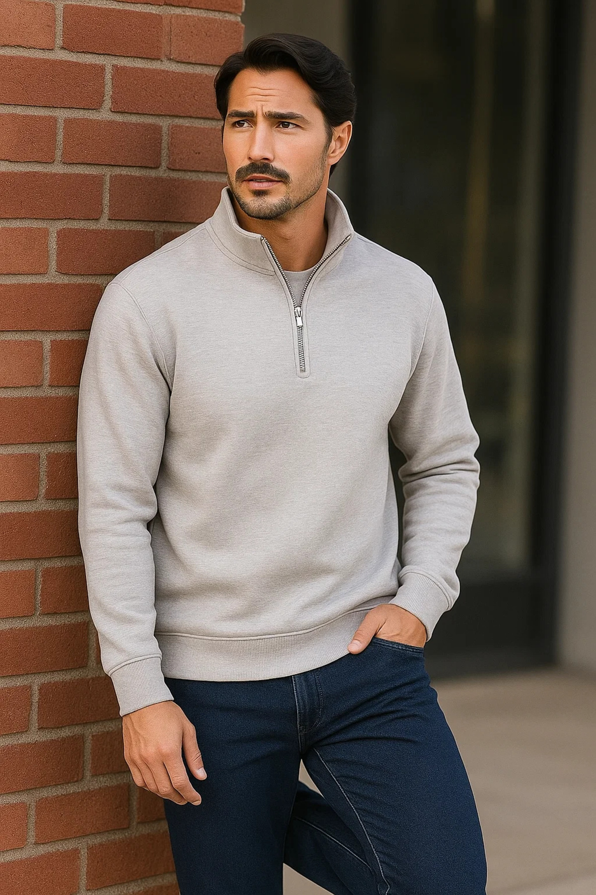 Erkek Trend Premium Gri Fermuarlı Sweatshirt 4