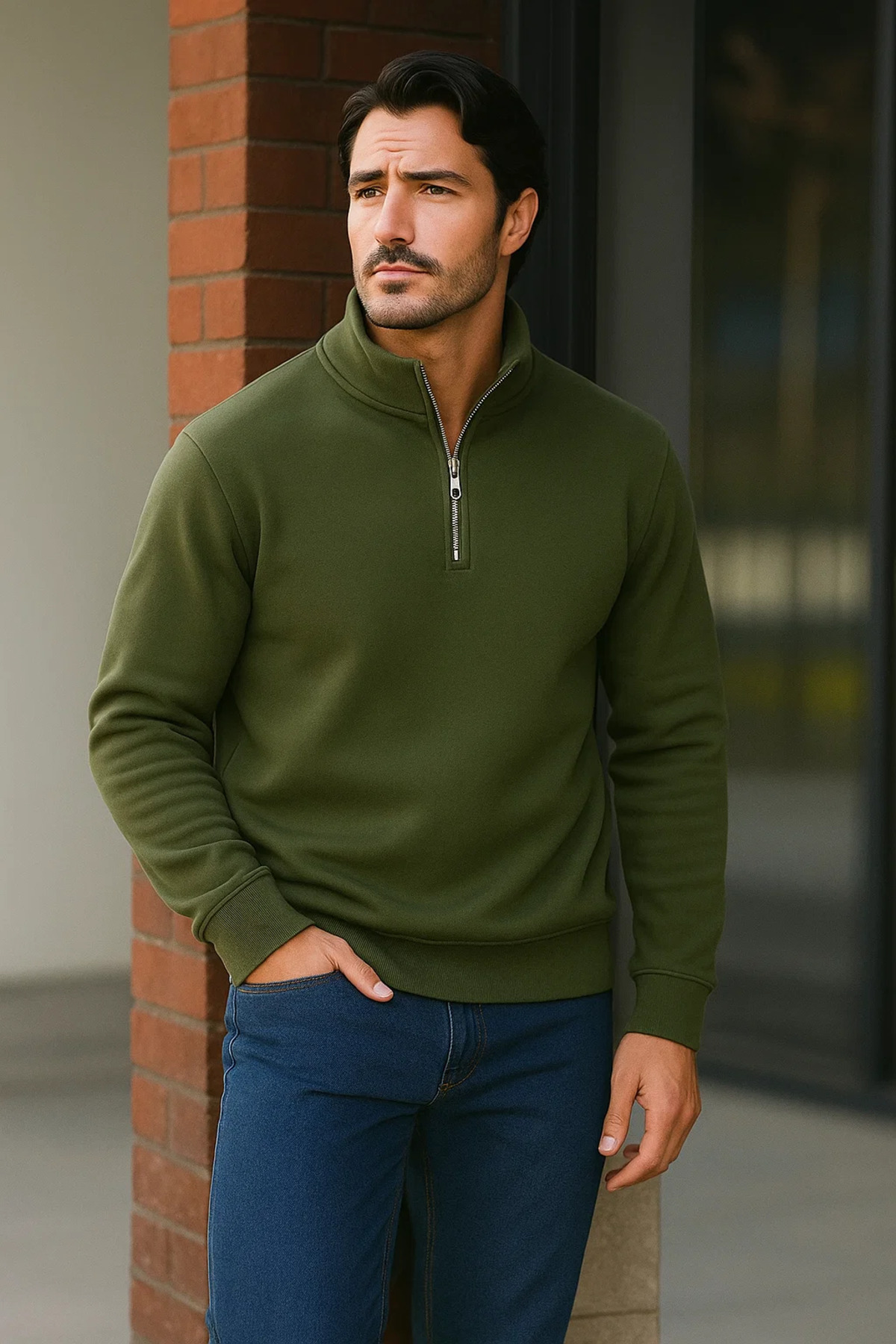 Erkek Trend Premium Haki Fermuarlı Sweatshirt 4