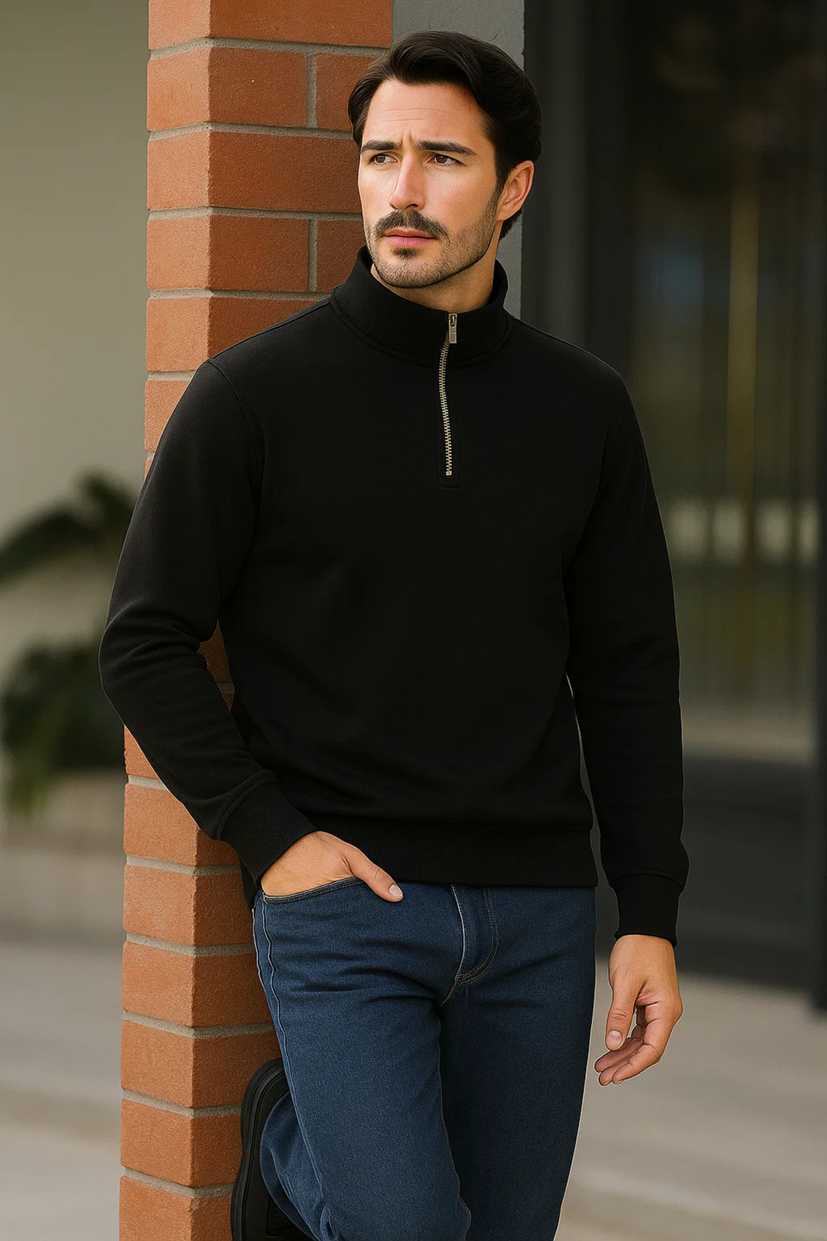 Erkek Trend Premium Siyah Fermuarlı Sweatshirt 4