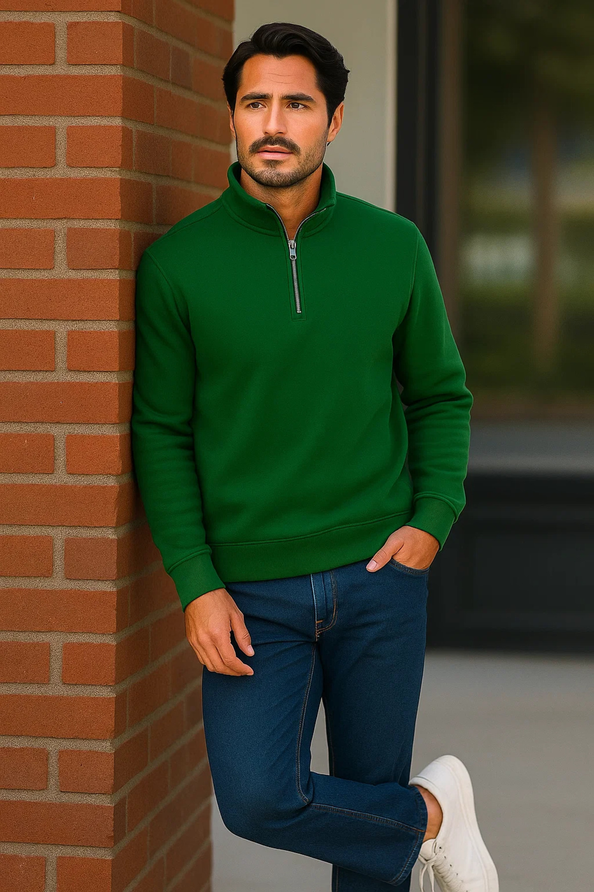 Erkek Trend Premium Yeşil Fermuarlı Sweatshirt 4