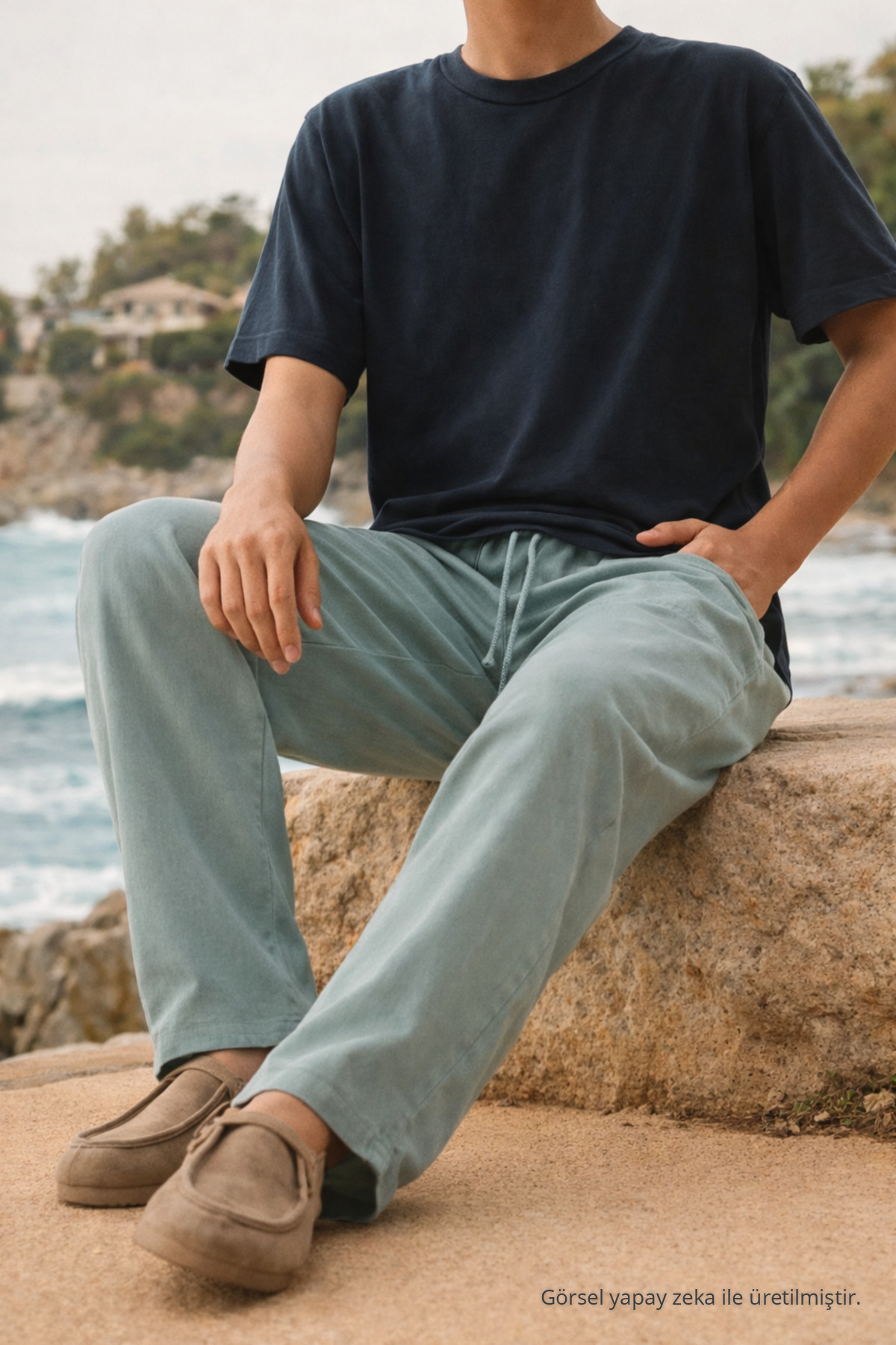 Erkek Relax Fit Yazlık Salaş S.Yeşil Keten Pantolon Su 4