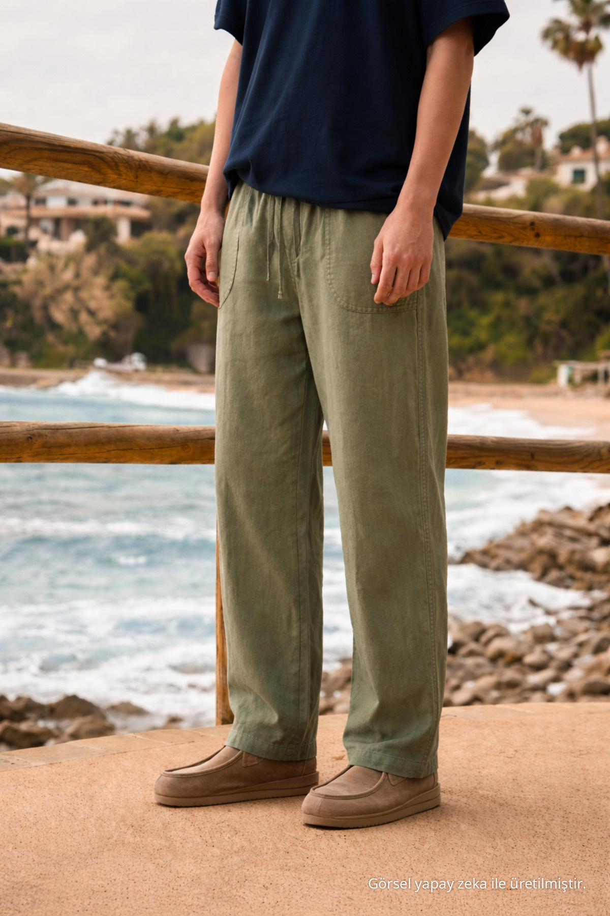 Erkek Relax Fit Yazlık Salaş Yeşil Keten Pantolon 5