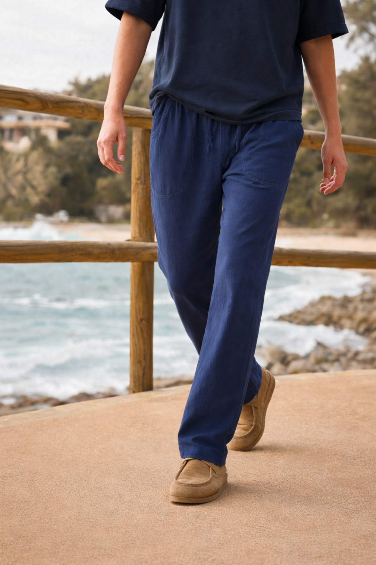 Erkek Relax Fit Yazlık Salaş Lacivert Keten Pantolon 3