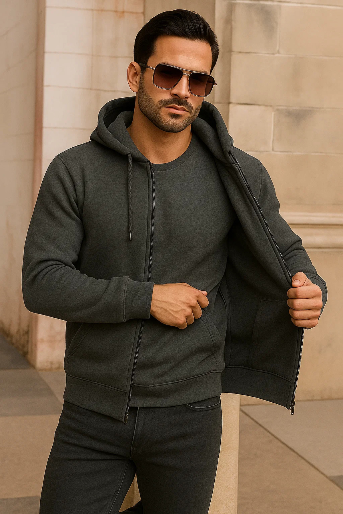 Erkek Kışlık Cepli Antrasit Oversize Sweatshirt 4