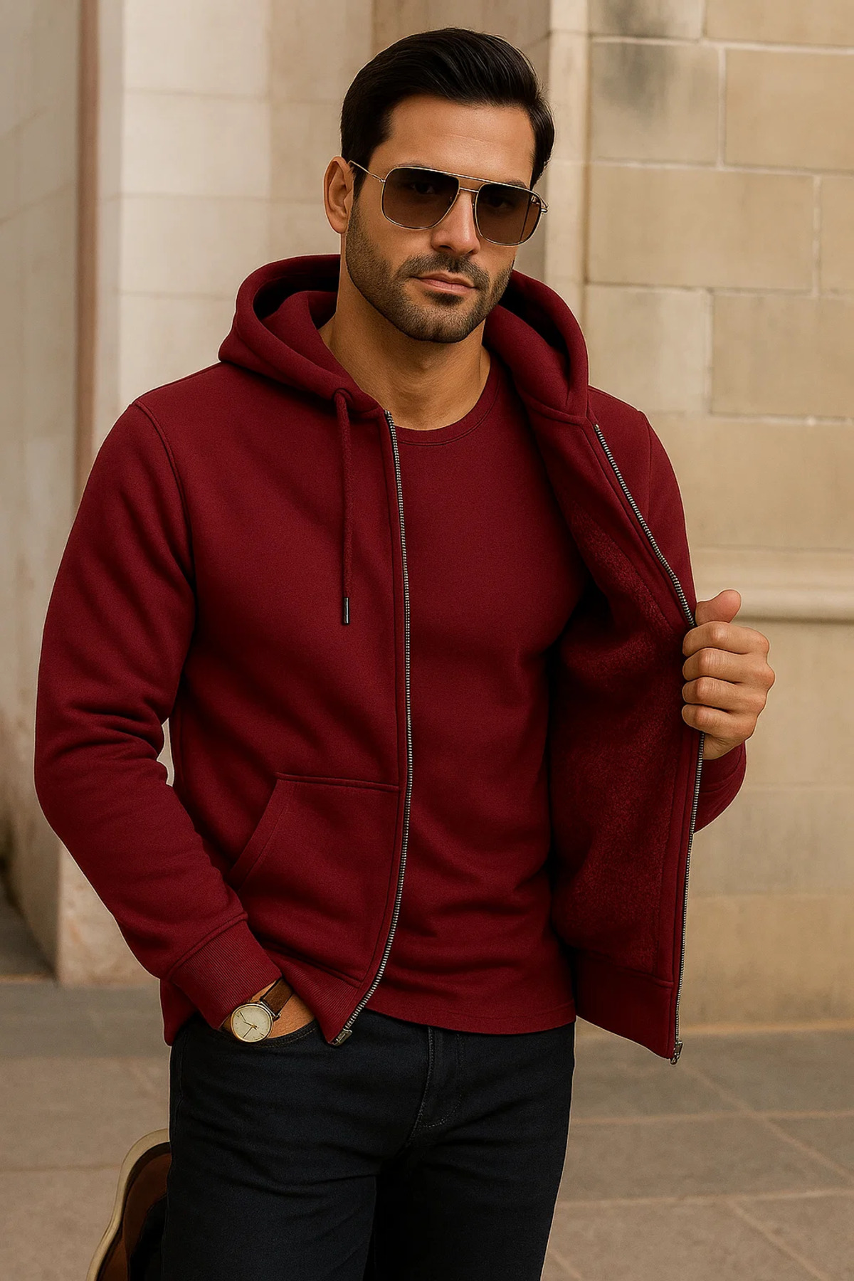 Erkek Kışlık Cepli Bordo Oversize Sweatshirt 4