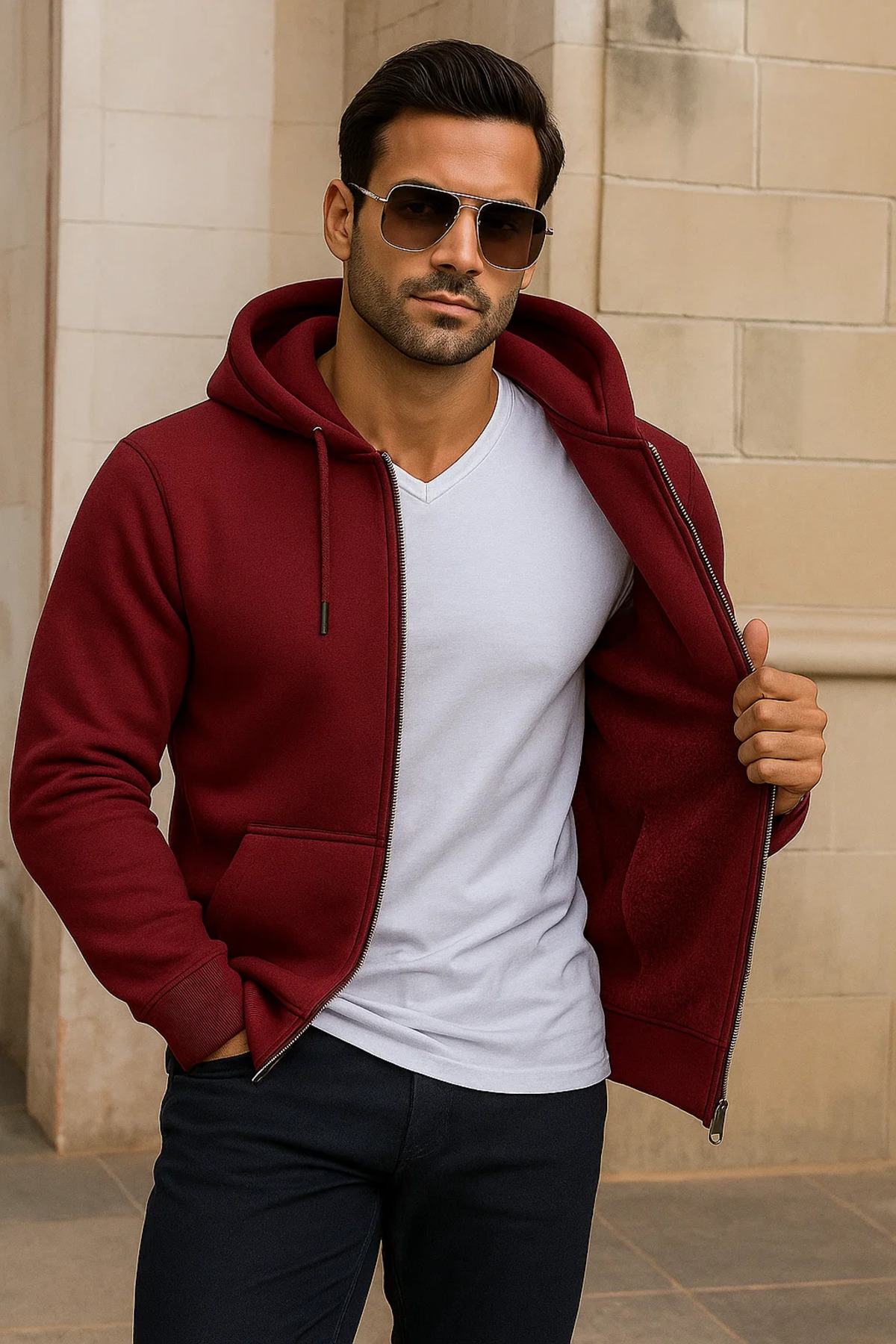 Erkek Kışlık Cepli Bordo Oversize Sweatshirt 3