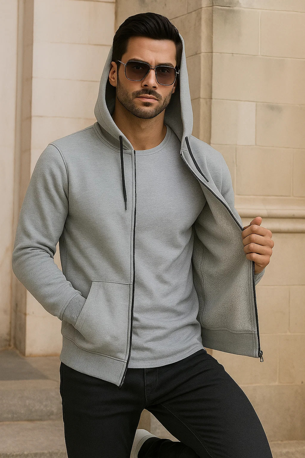 Erkek Kışlık Cepli Gri Oversize Sweatshirt 3