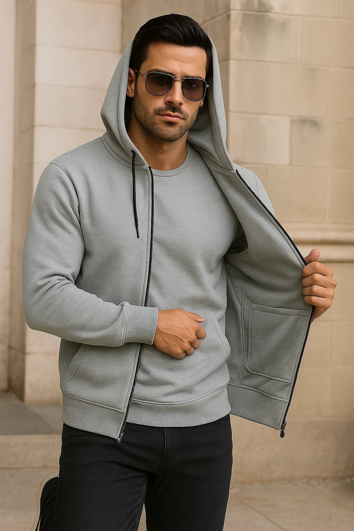 Erkek Kışlık Cepli Gri Oversize Sweatshirt 4