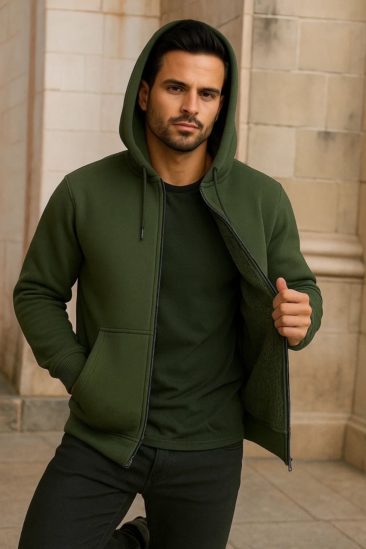 Erkek Kışlık Cepli Haki Oversize Sweatshirt 4