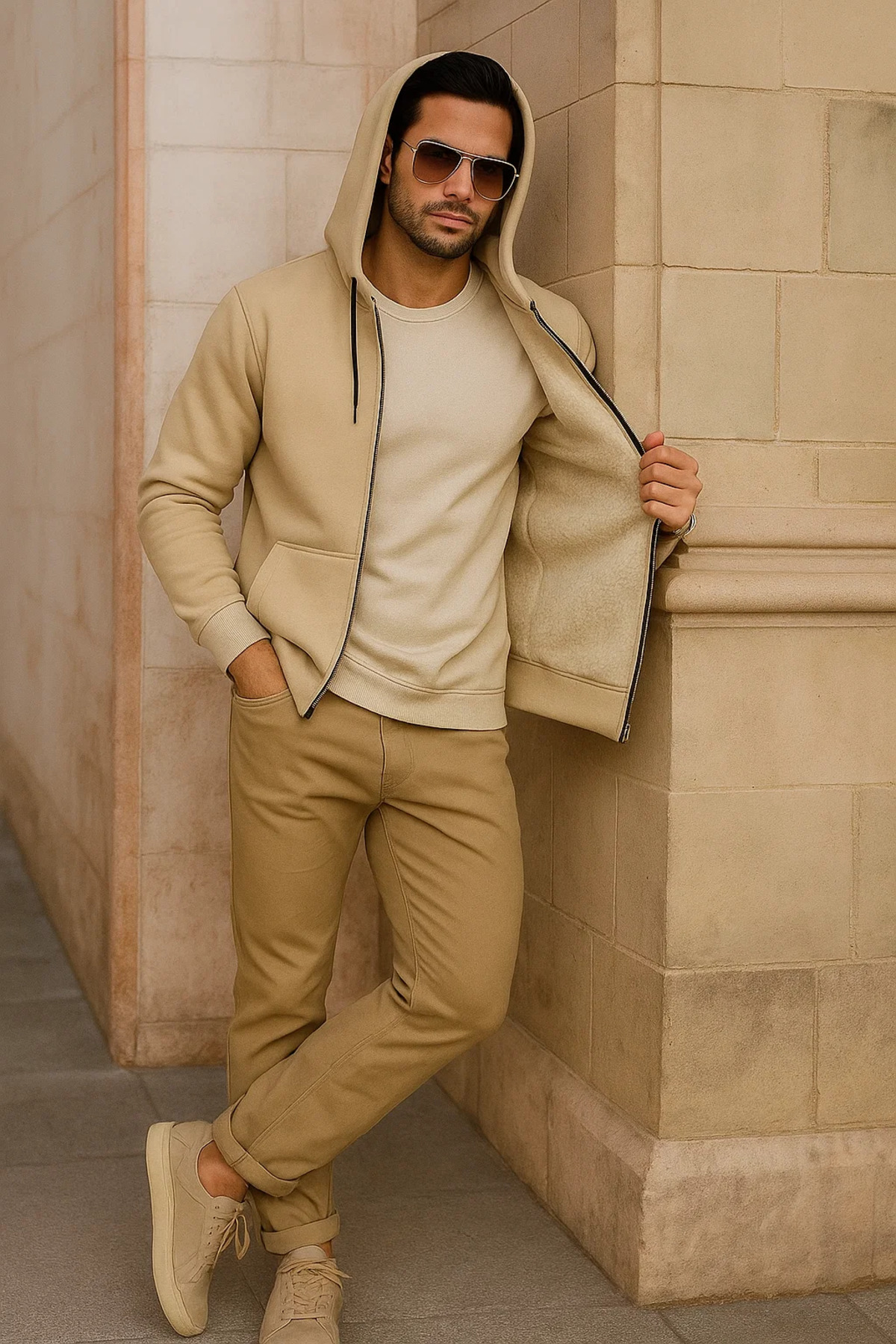 Erkek Kışlık Cepli Krem Oversize Sweatshirt 4