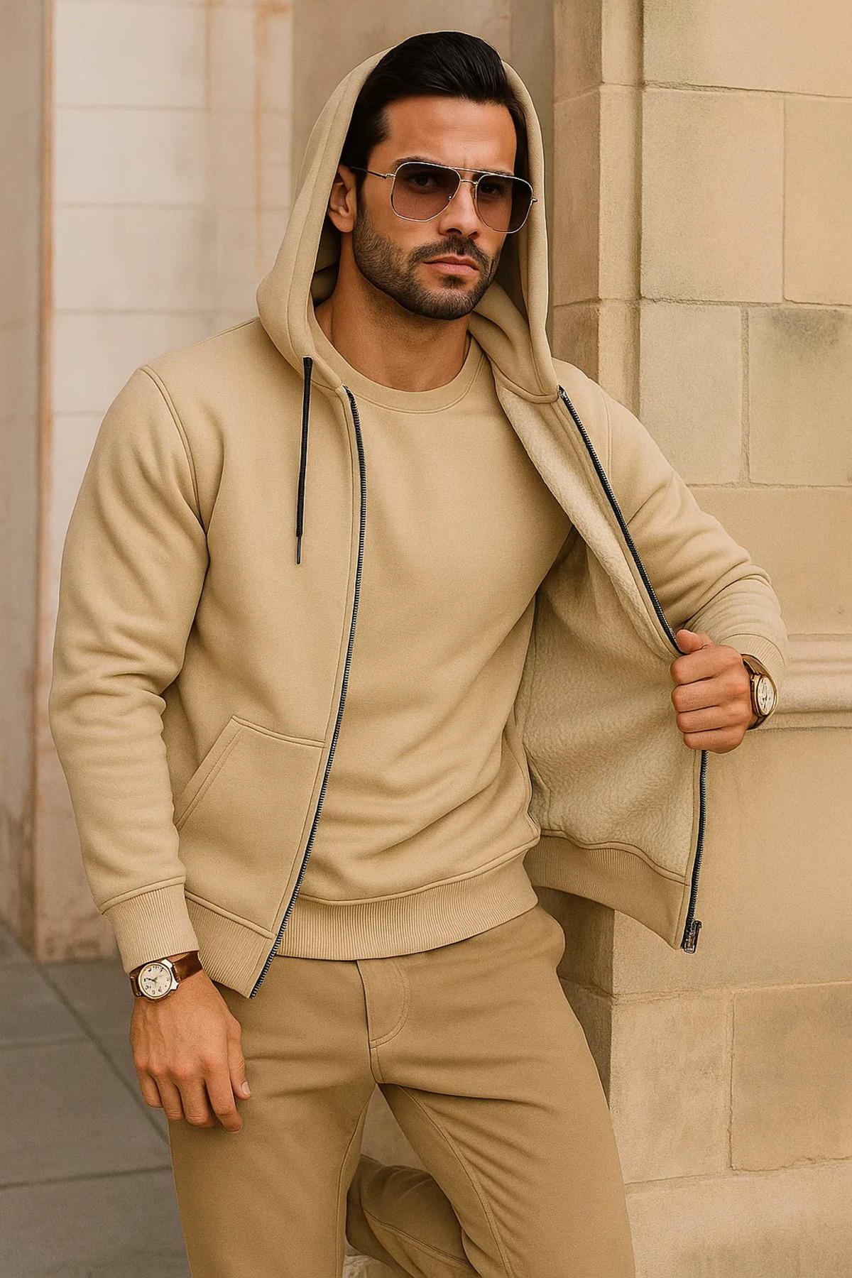 Erkek Kışlık Cepli Krem Oversize Sweatshirt 3