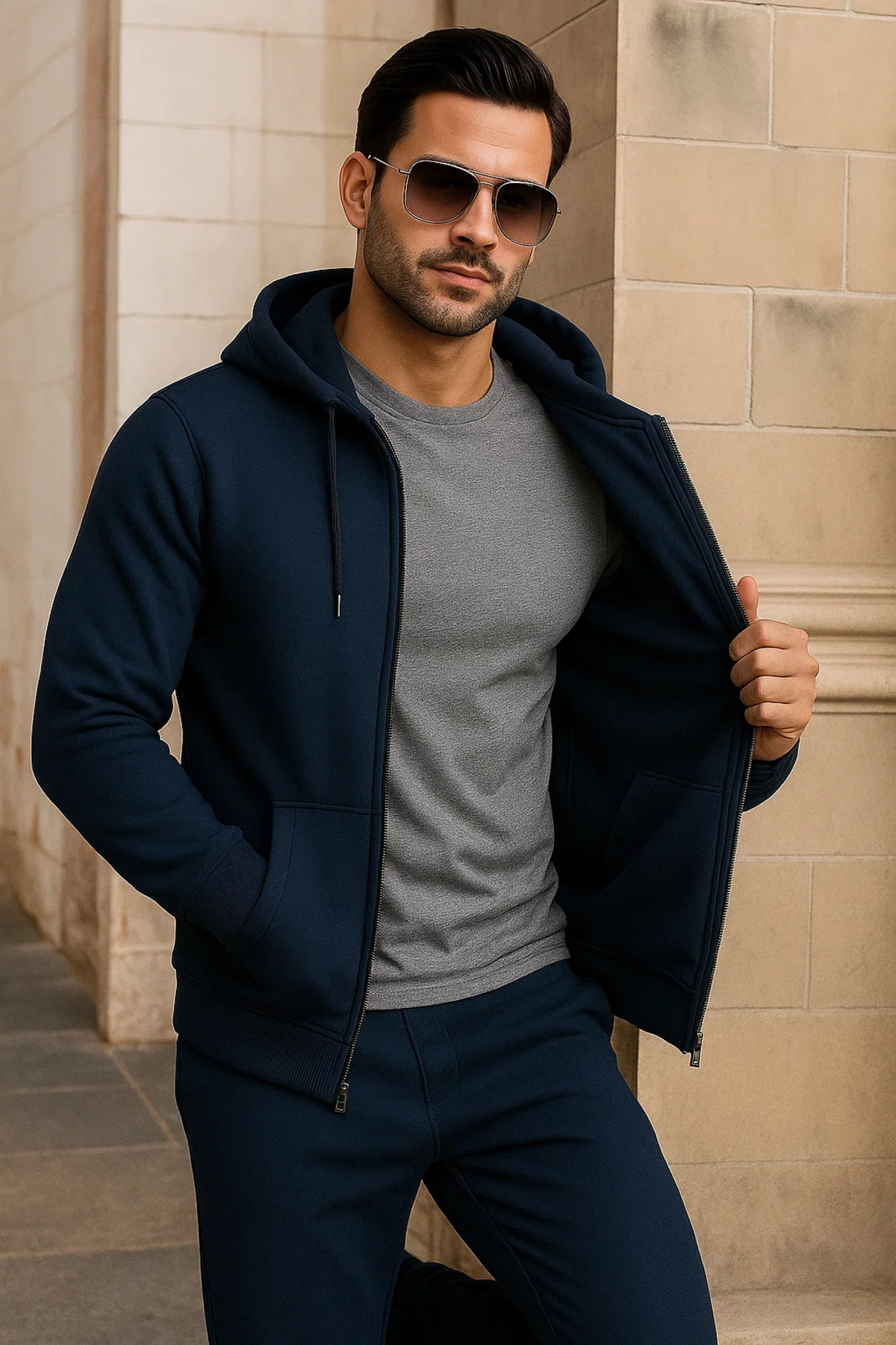 Erkek Kışlık Cepli Mavi Oversize Sweatshirt 4