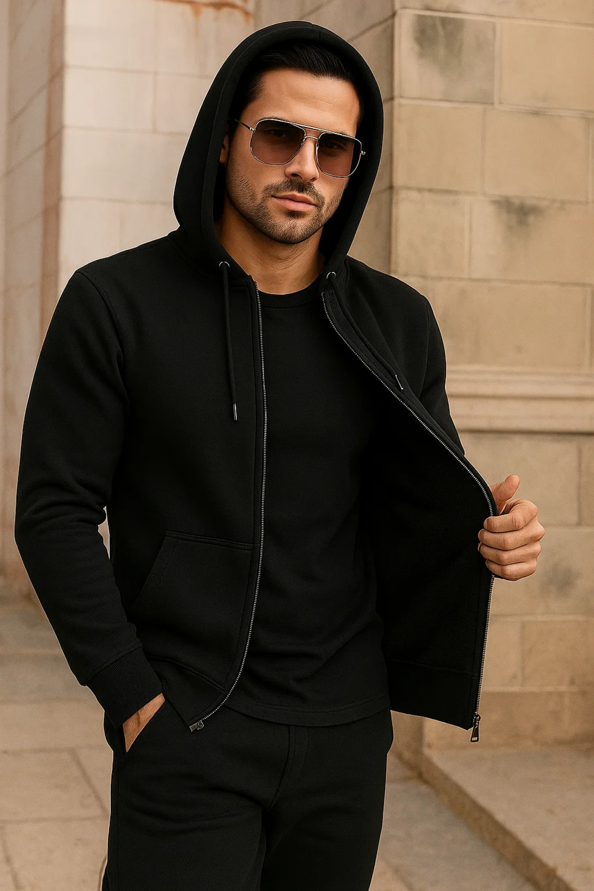 Erkek Kışlık Cepli Siyah Oversize Sweatshirt 4