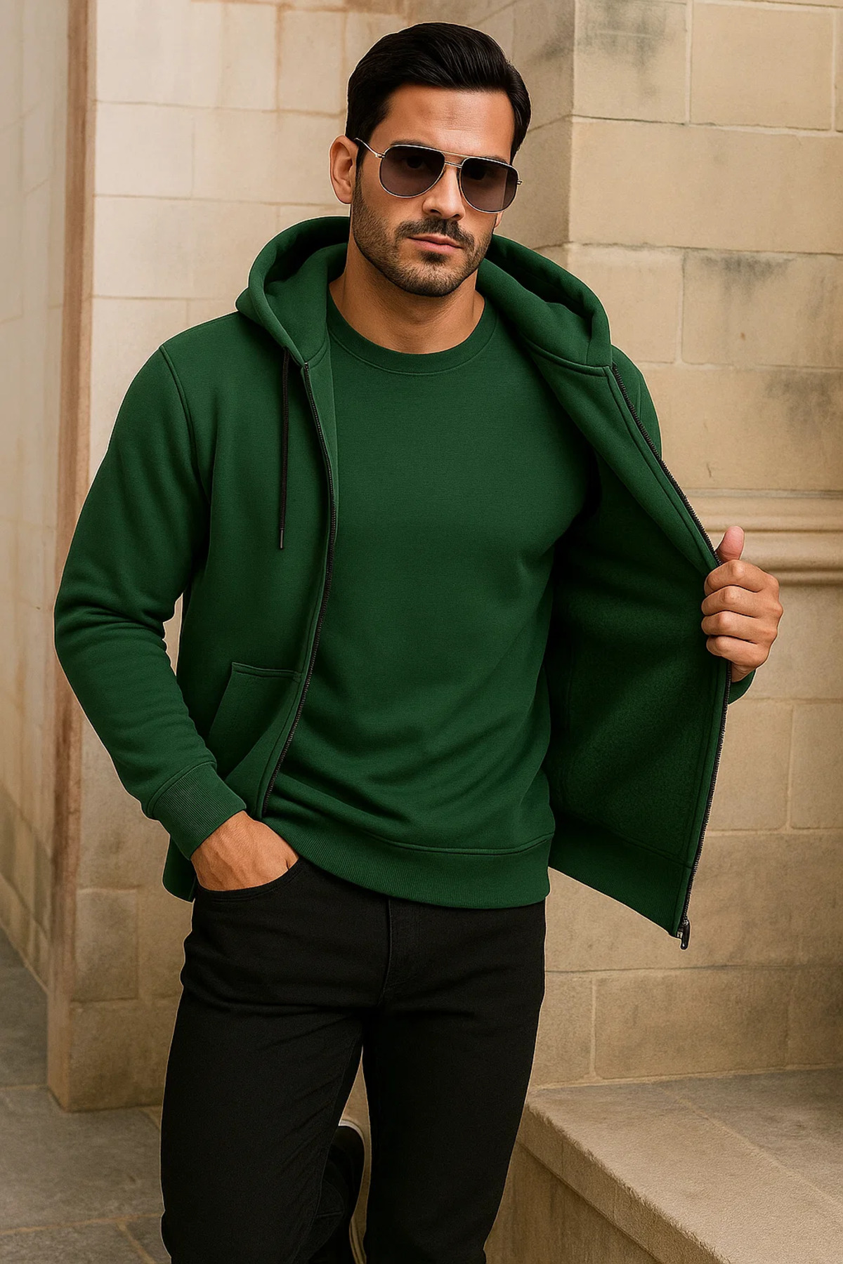 Erkek Kışlık Cepli Yeşil Oversize Sweatshirt 3