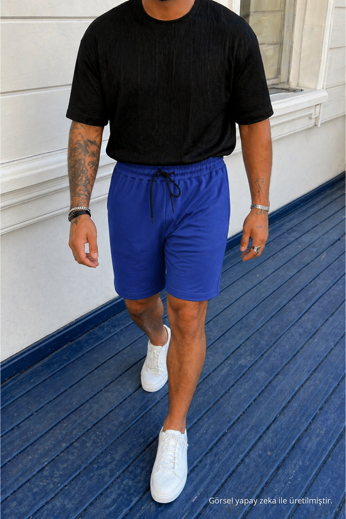 Erkek Trend Basic Jogger Bol Mavi Kısa Şort 4