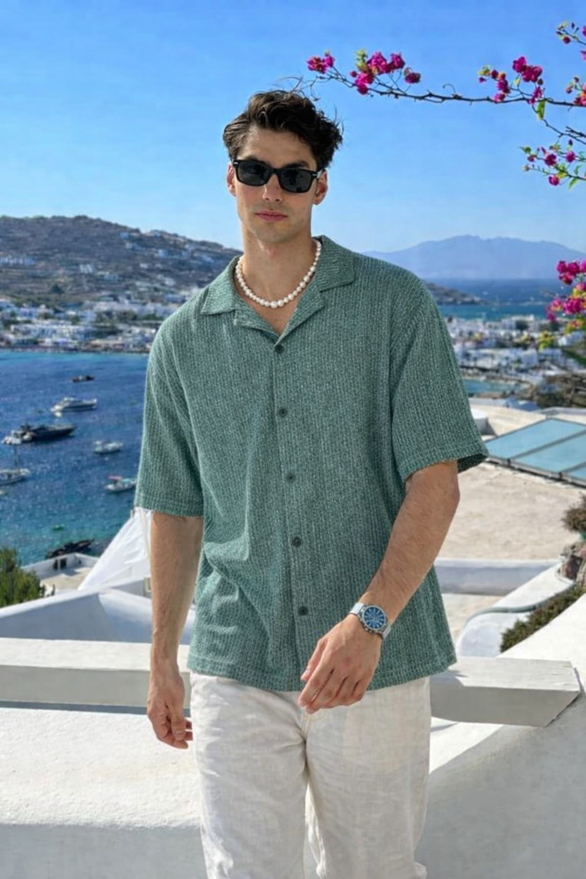 Erkek Yazlık Kısa Kollu Haki Keten Gömlek 3