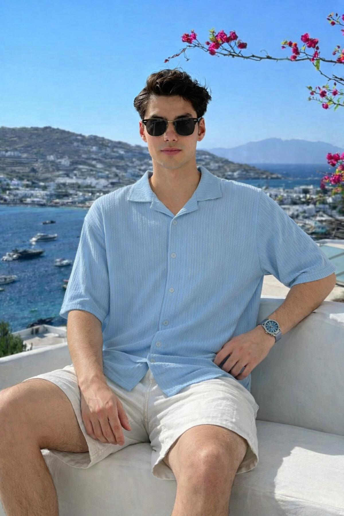 Erkek Yazlık Kısa Kollu Mavi Keten Gömlek 5