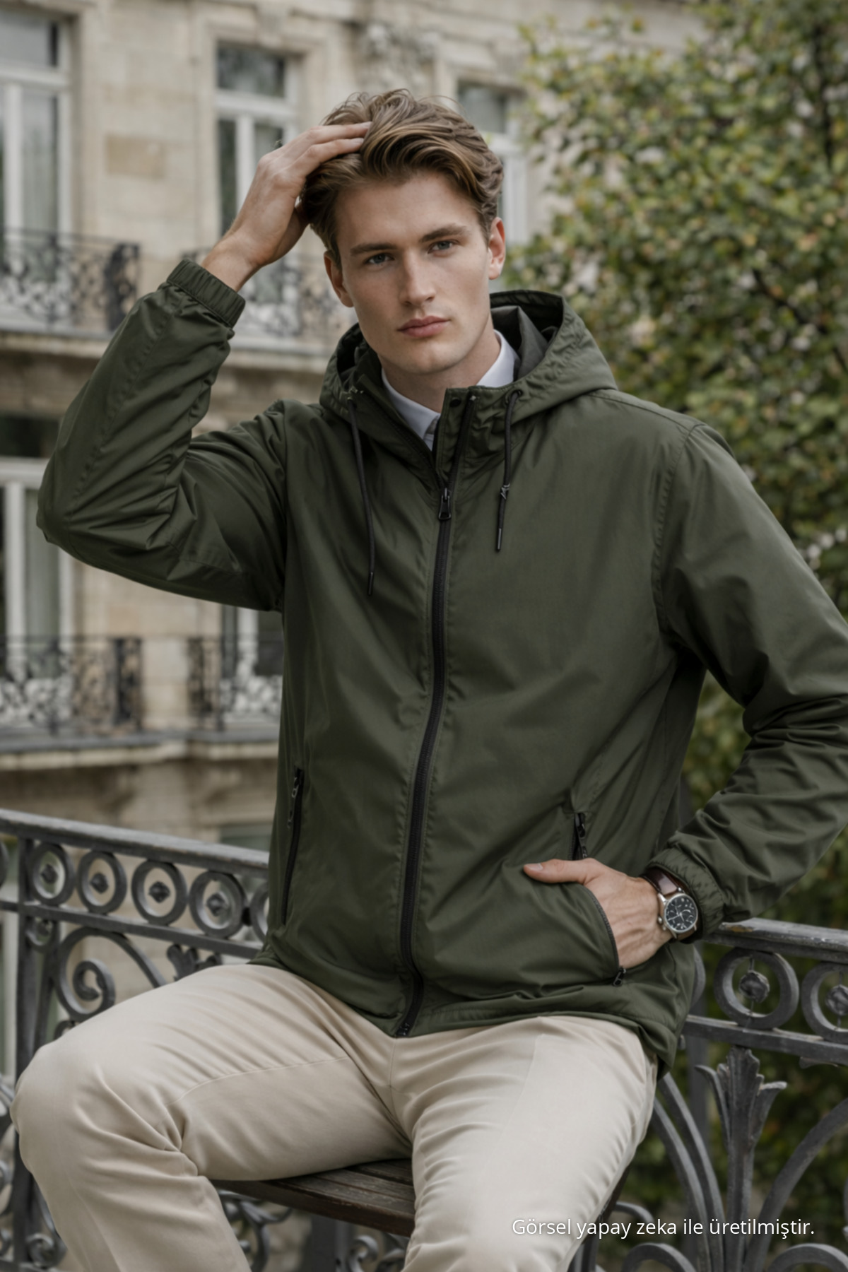 Erkek Günlük Premium Casual Astarlı Haki Yağmurluk 5