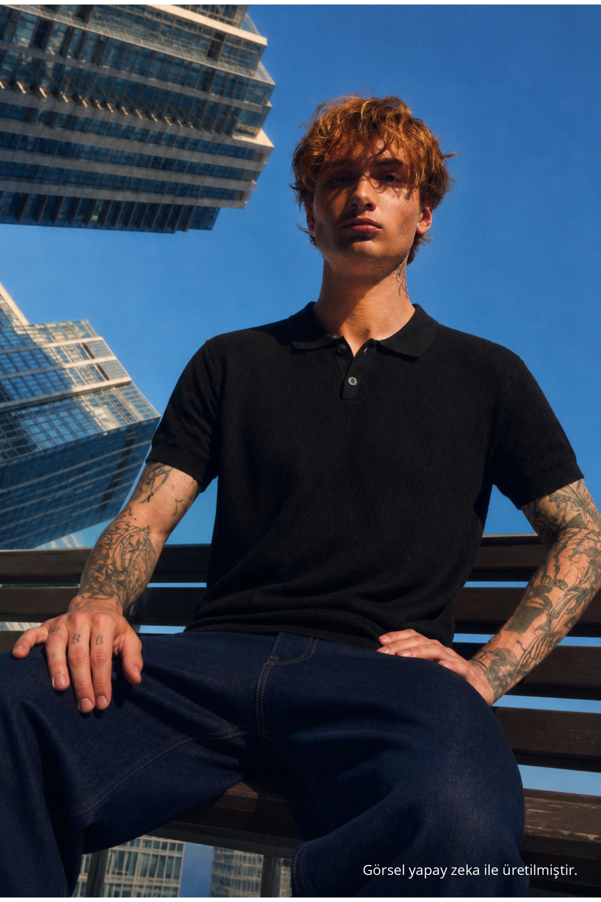Erkek Dokulu Elite Comfort Bol Siyah Polo Yaka Tişört 5