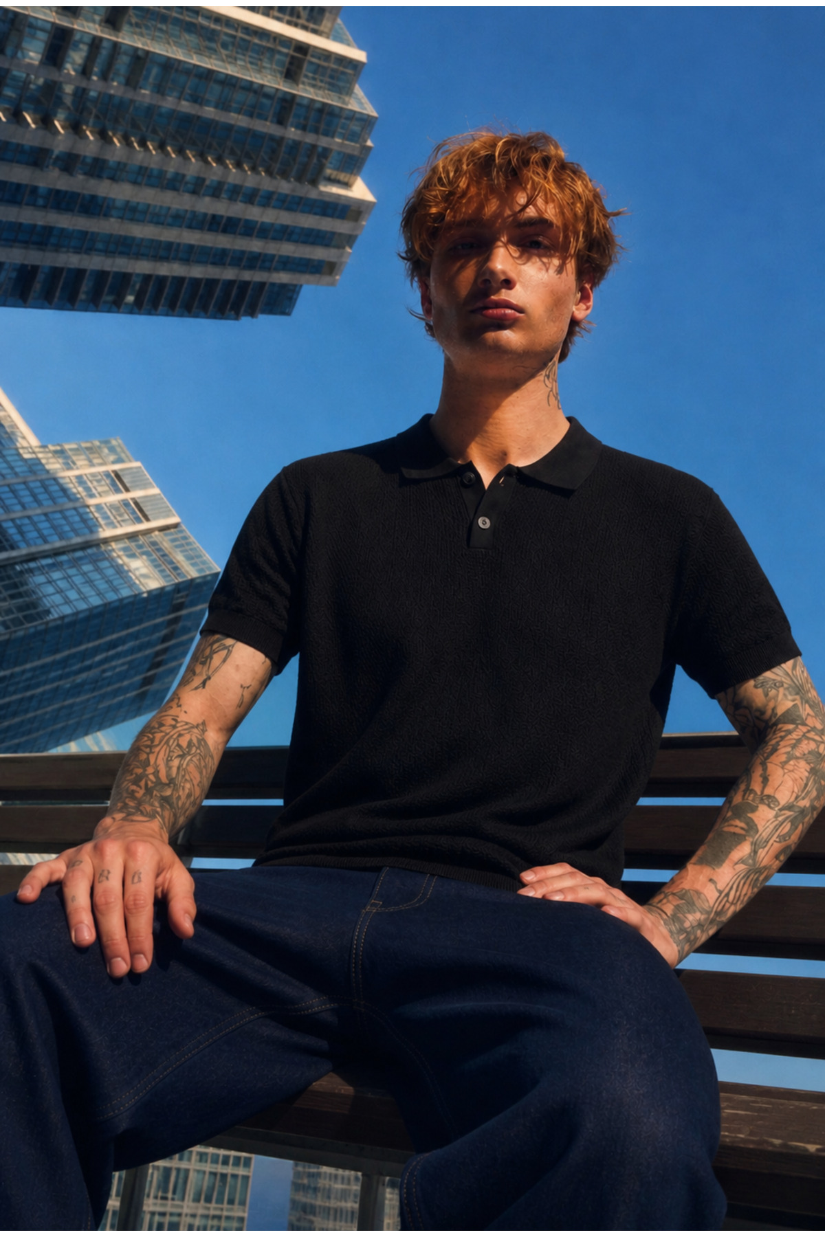 Erkek Dokulu Elite Comfort Bol Siyah Polo Yaka Tişört 6