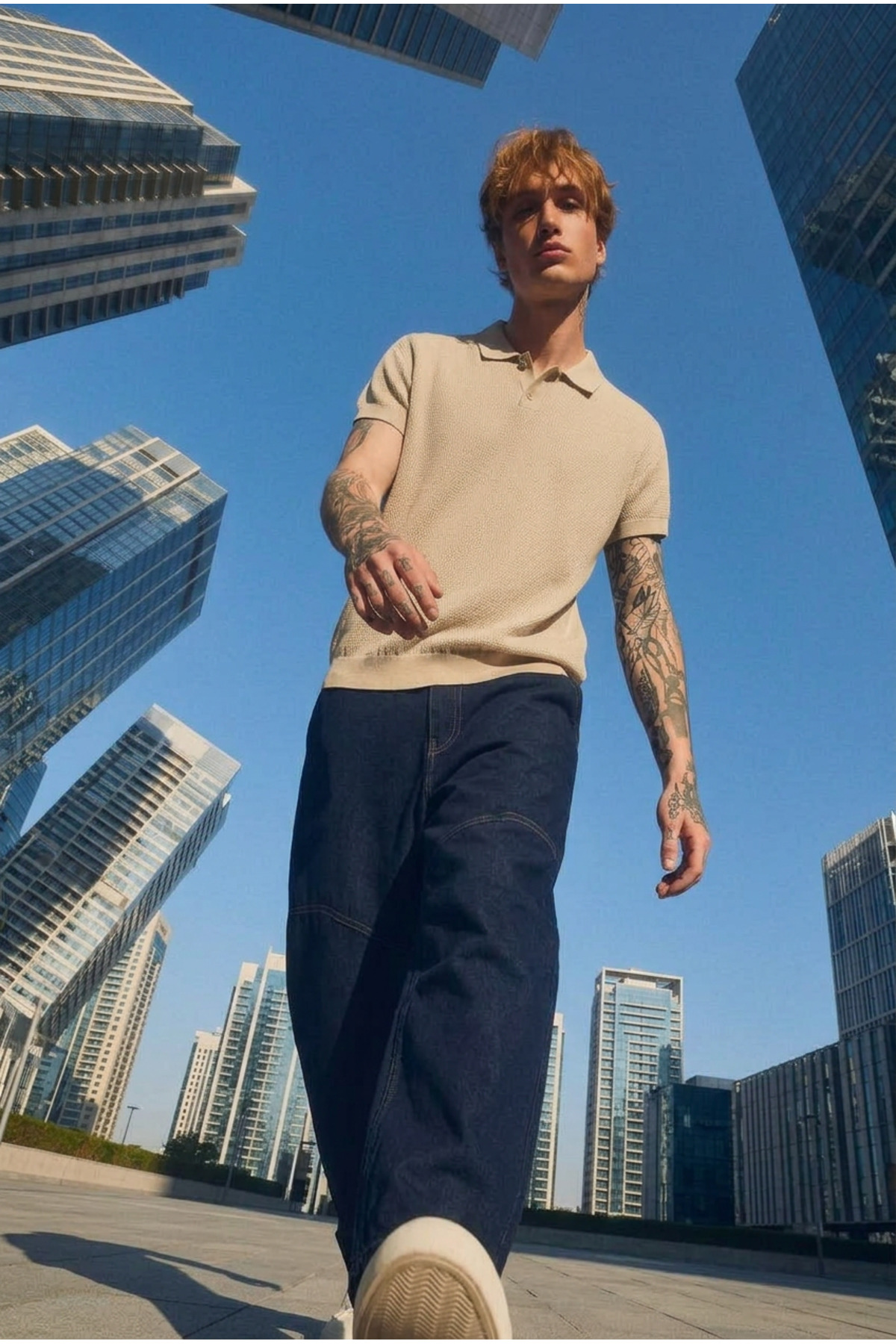 Erkek Dokulu Elite Comfort Bol Bej Polo Yaka Tişört 3