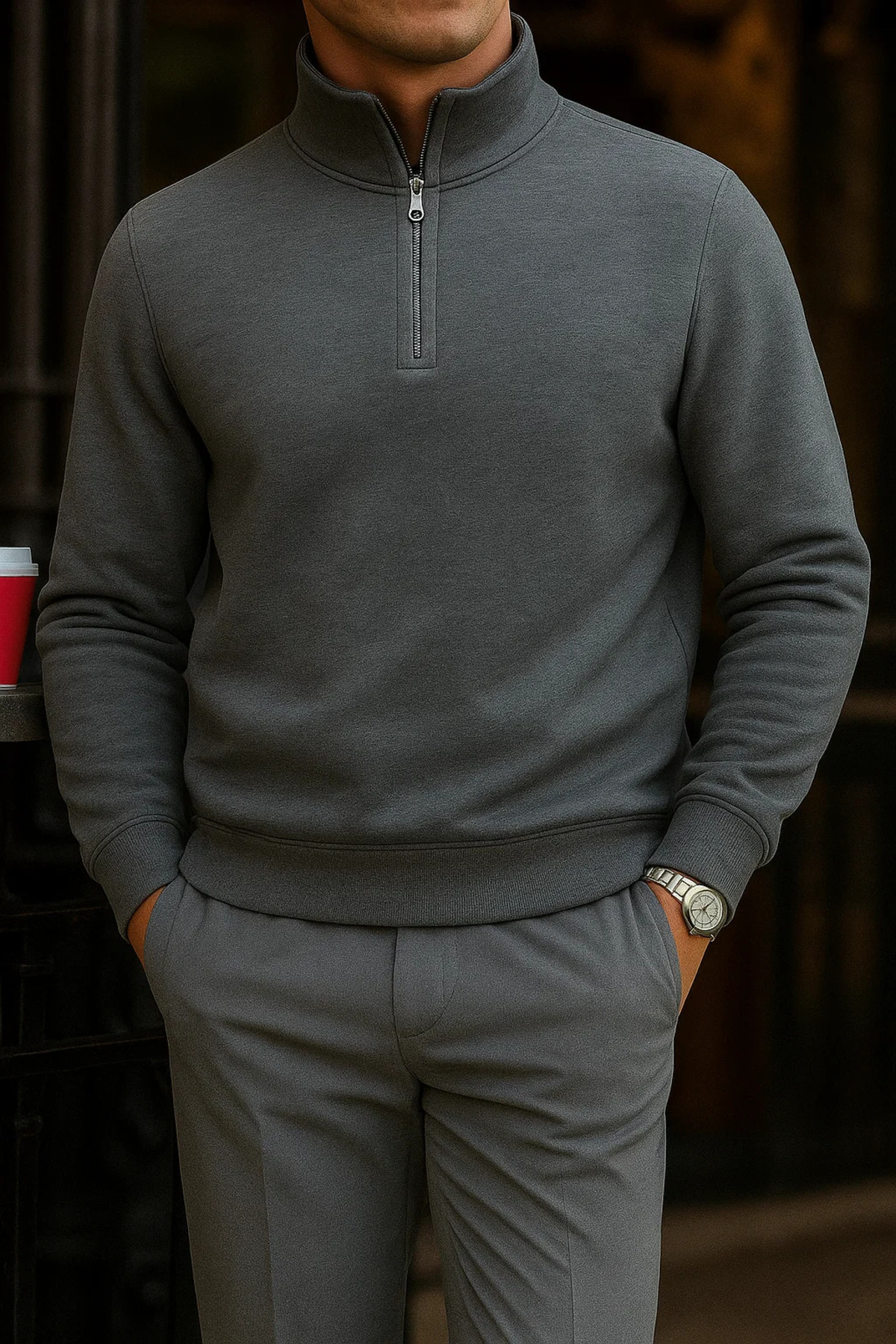 Erkek Premium Kışlık Antrasit Fermuarlı Sweatshirt 4