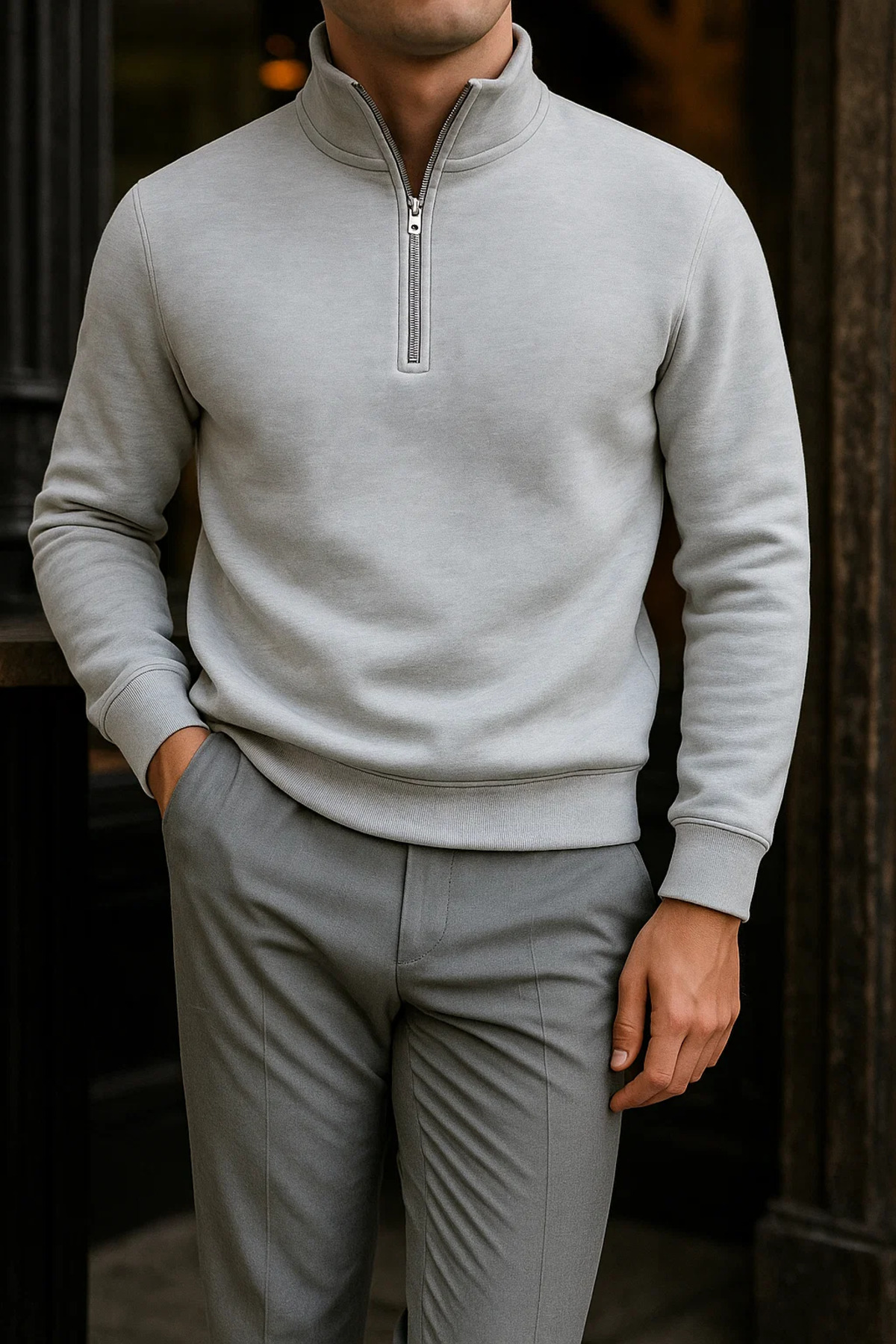 Erkek Premium Kışlık Gri Fermuarlı Sweatshirt 4
