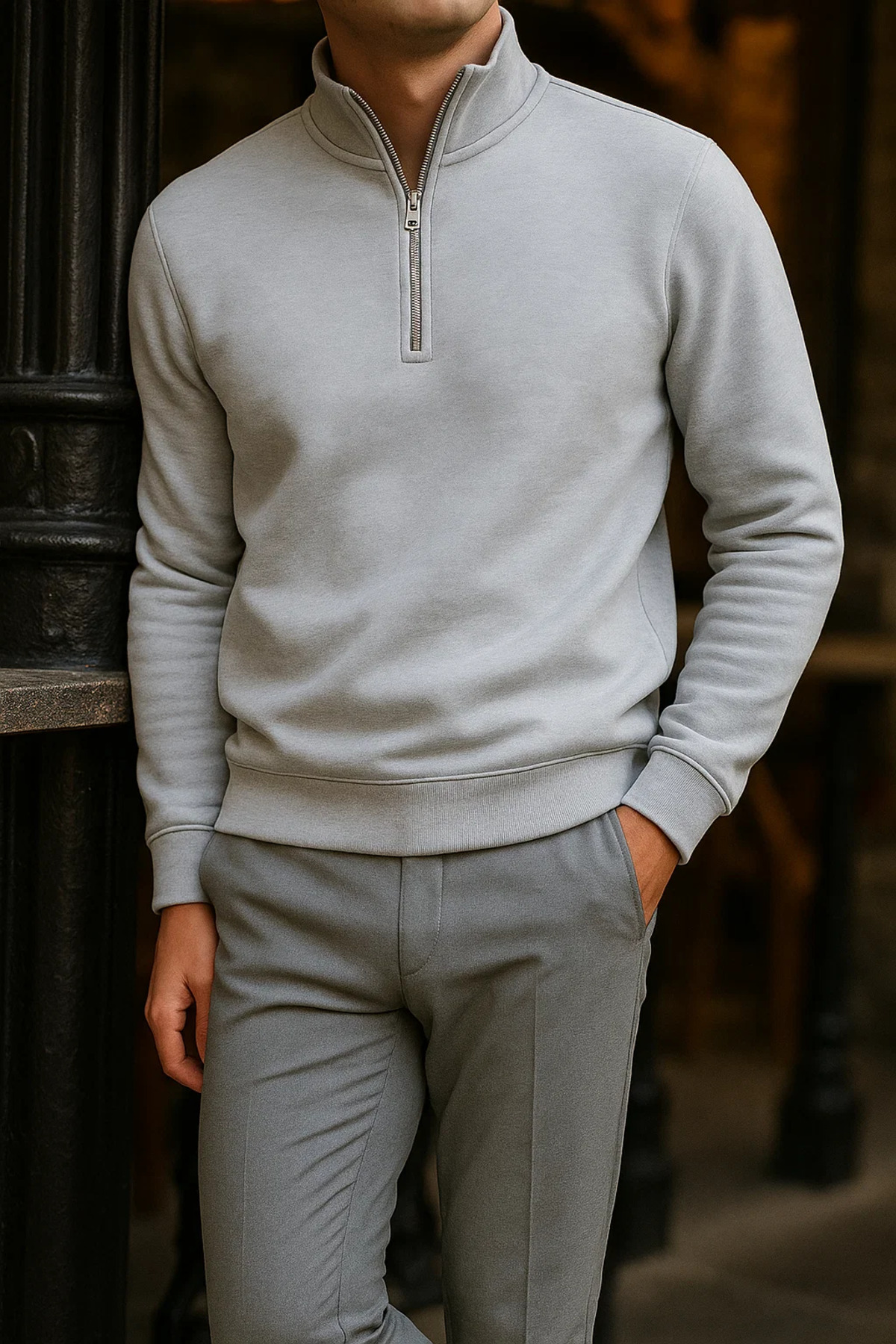 Erkek Premium Kışlık Gri Fermuarlı Sweatshirt 3