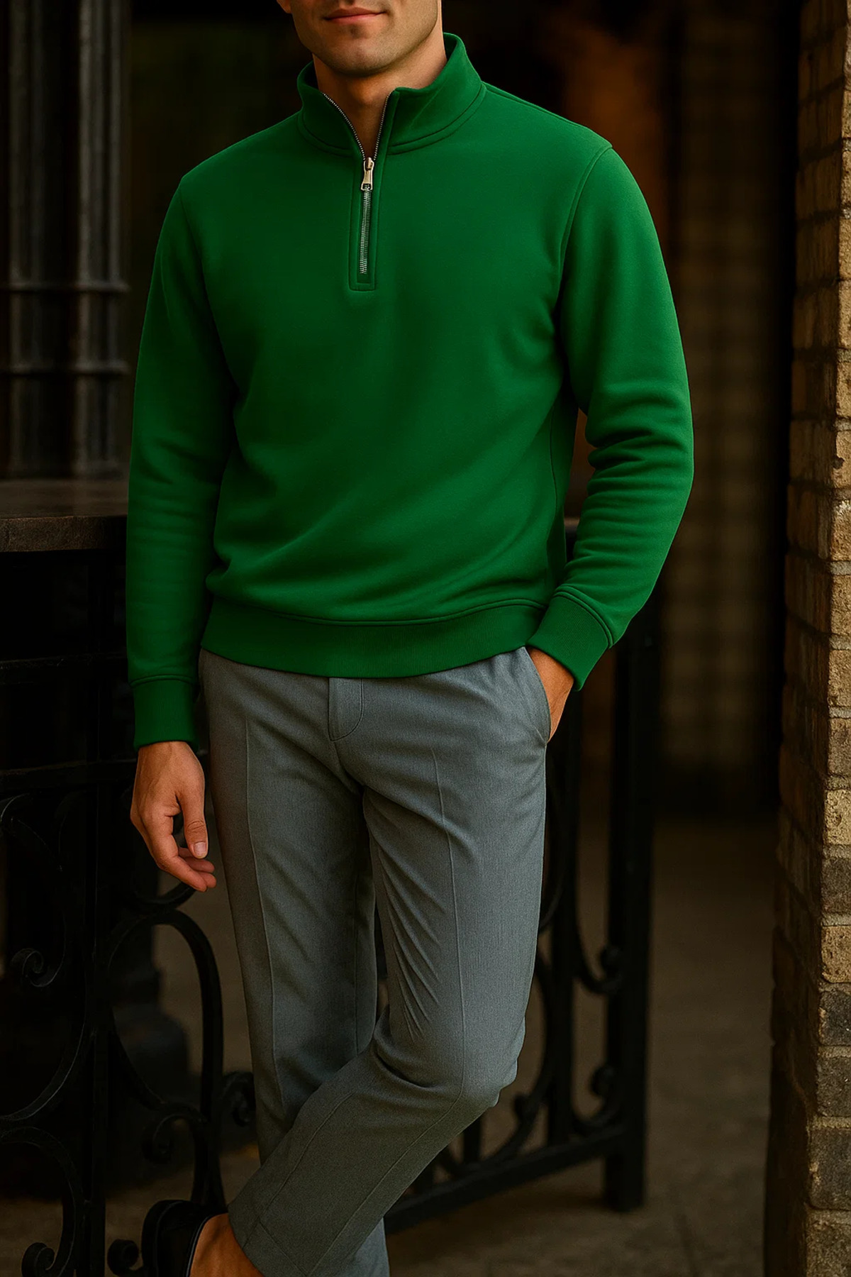 Erkek Premium Kışlık Yeşil Fermuarlı Sweatshirt 4